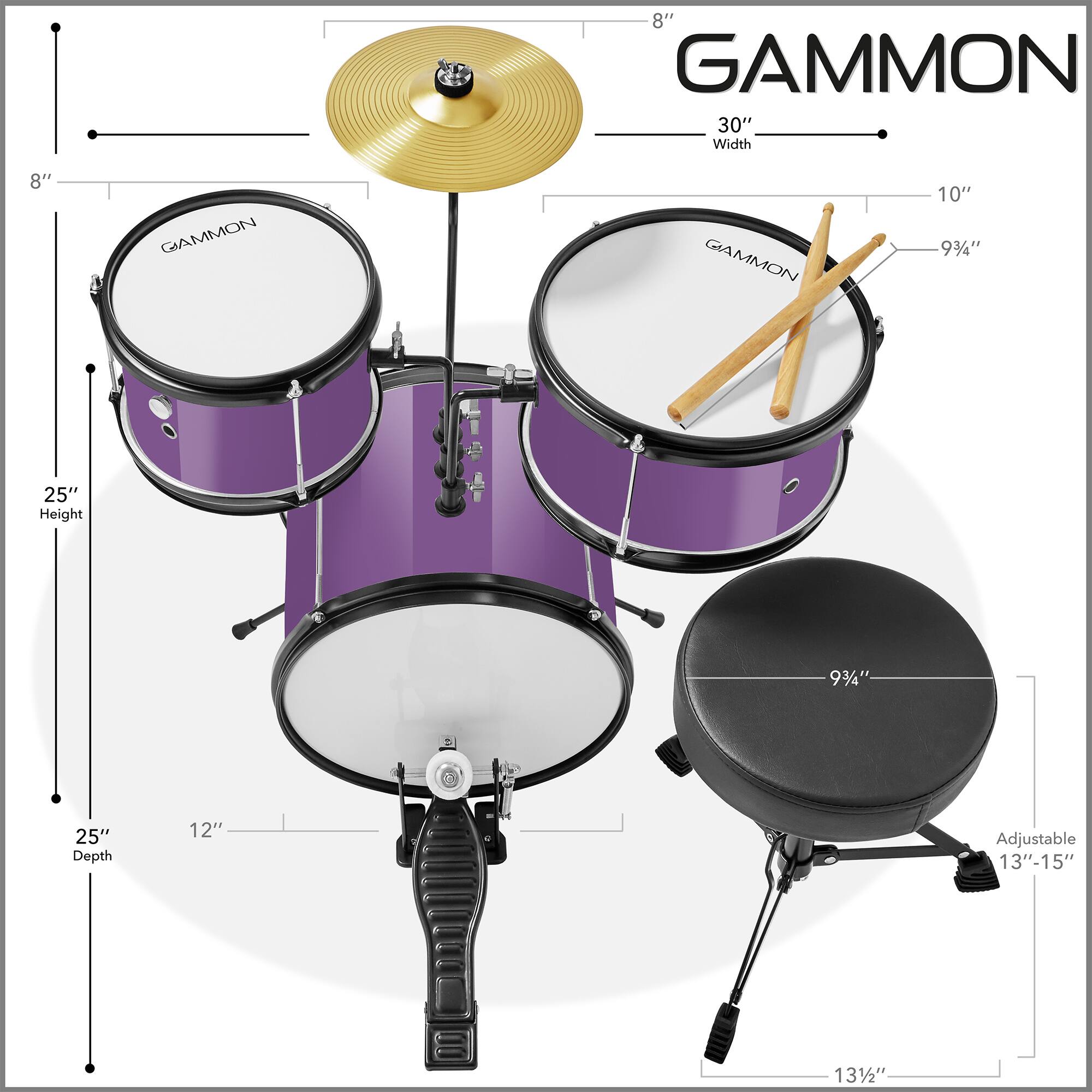 Gammon Percussion 3pc Junior Drum Set Beginner Kit with Throne