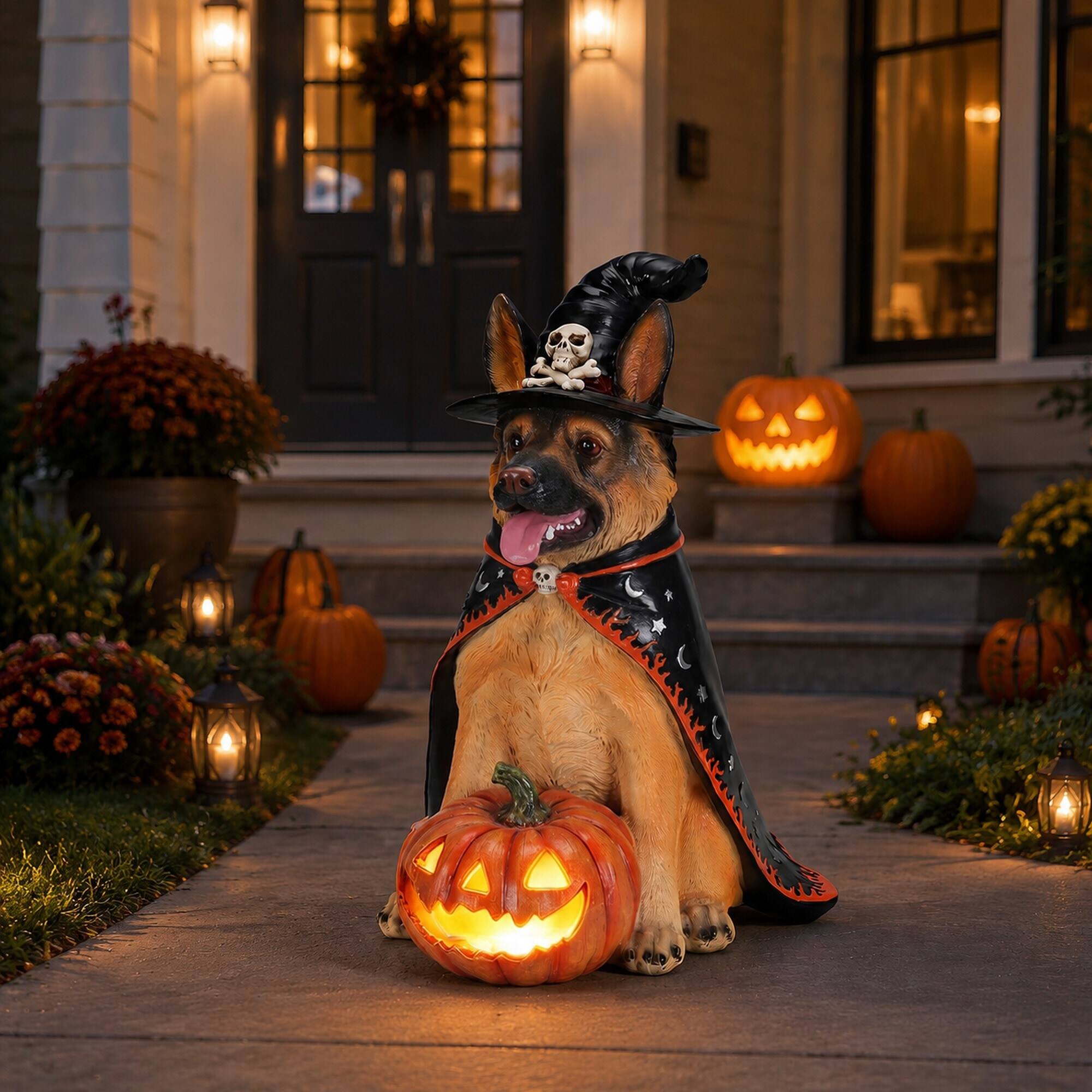 Left. RYHNUYNE - Halloween German Shepherd Dog Statue with Witch Hat and Cape Paired with LED Pumpkin Lantern for Spooky Porch Decor - Yellow.