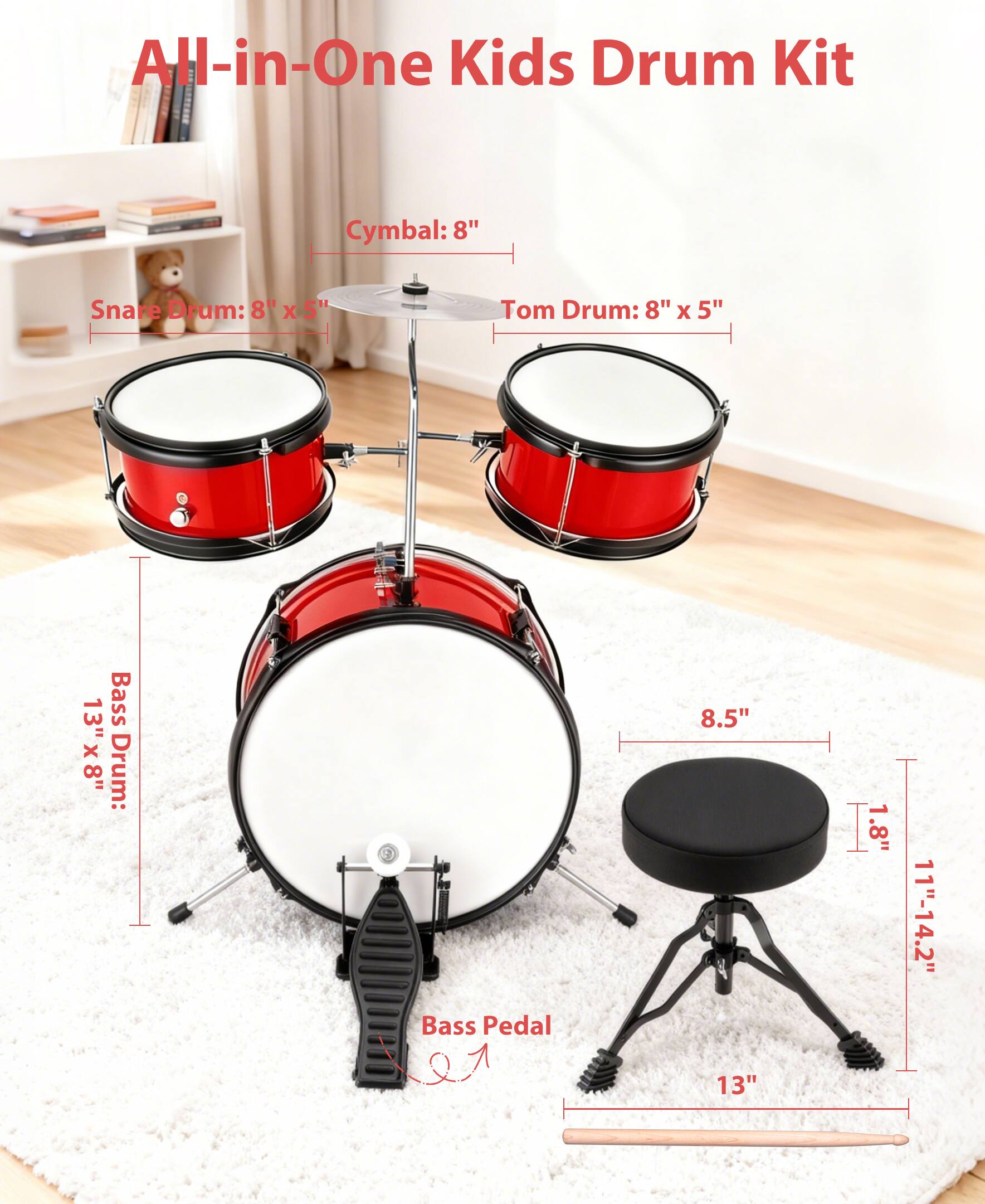 Left. Sugift - 3-Piece Kids Drum Set with Adjustable Stool, Bass Pedal & Cymbal – Realistic Junior Drum Kit for Ages 3+ - Red.