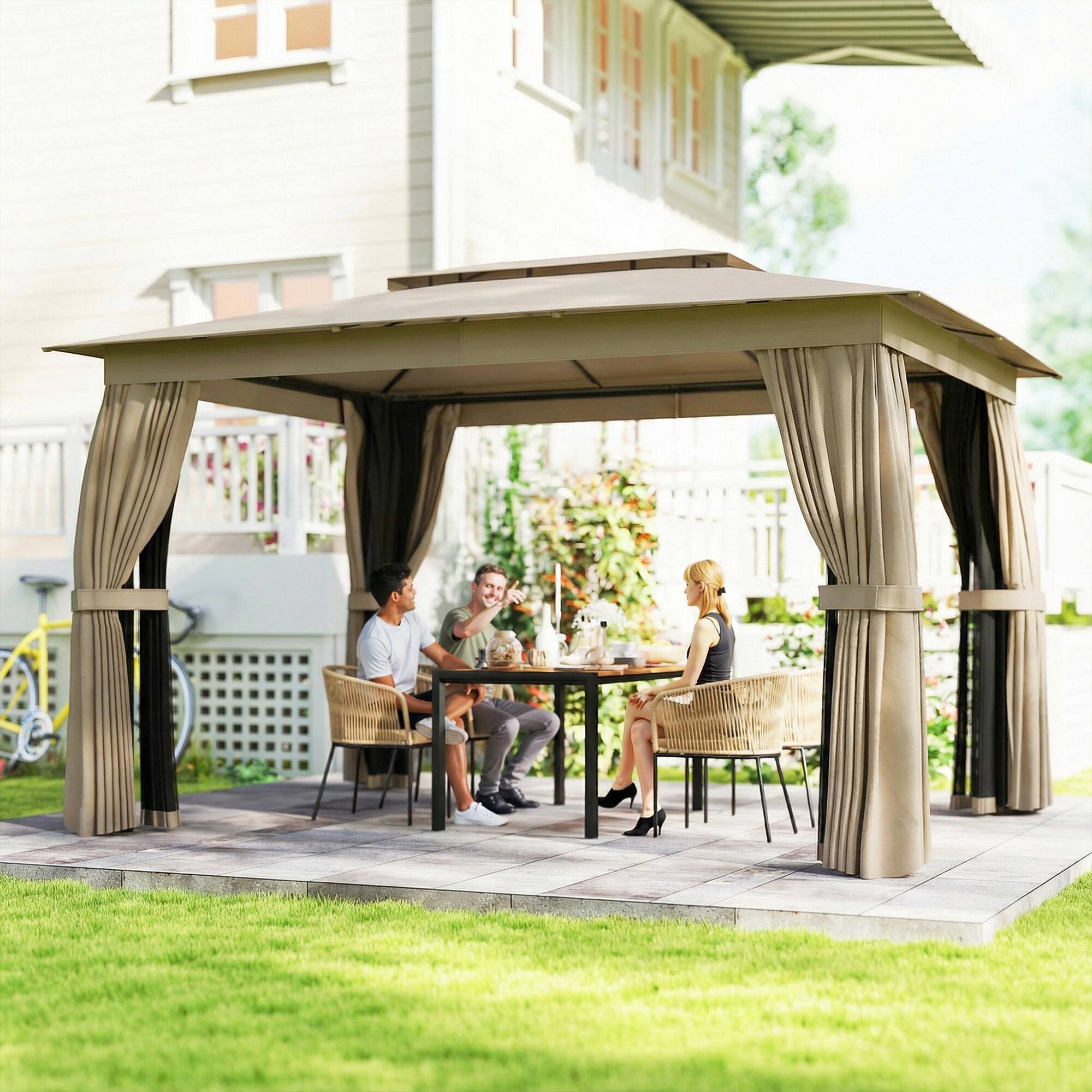 Alt View 1. Outsunny - 10' x 12' Outdoor Patio Gazebo, Soft Top Gazebo Canopy Shelter with Double Roof, Curtains, Netting, Steel Frame.