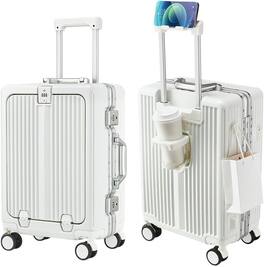 Quick Deer - 20 Inch Carry On Luggage with Front Pocket, Aluminum Frame Hardshell Suitcase with Spinner Wheels and Cup Holder - White