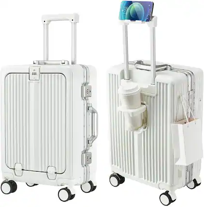 Front. Quick Deer - 24 Inch Aluminum Frame Zipperless Checked Luggage with Front Pocket, TSA Lock and Spinner Wheels - White.