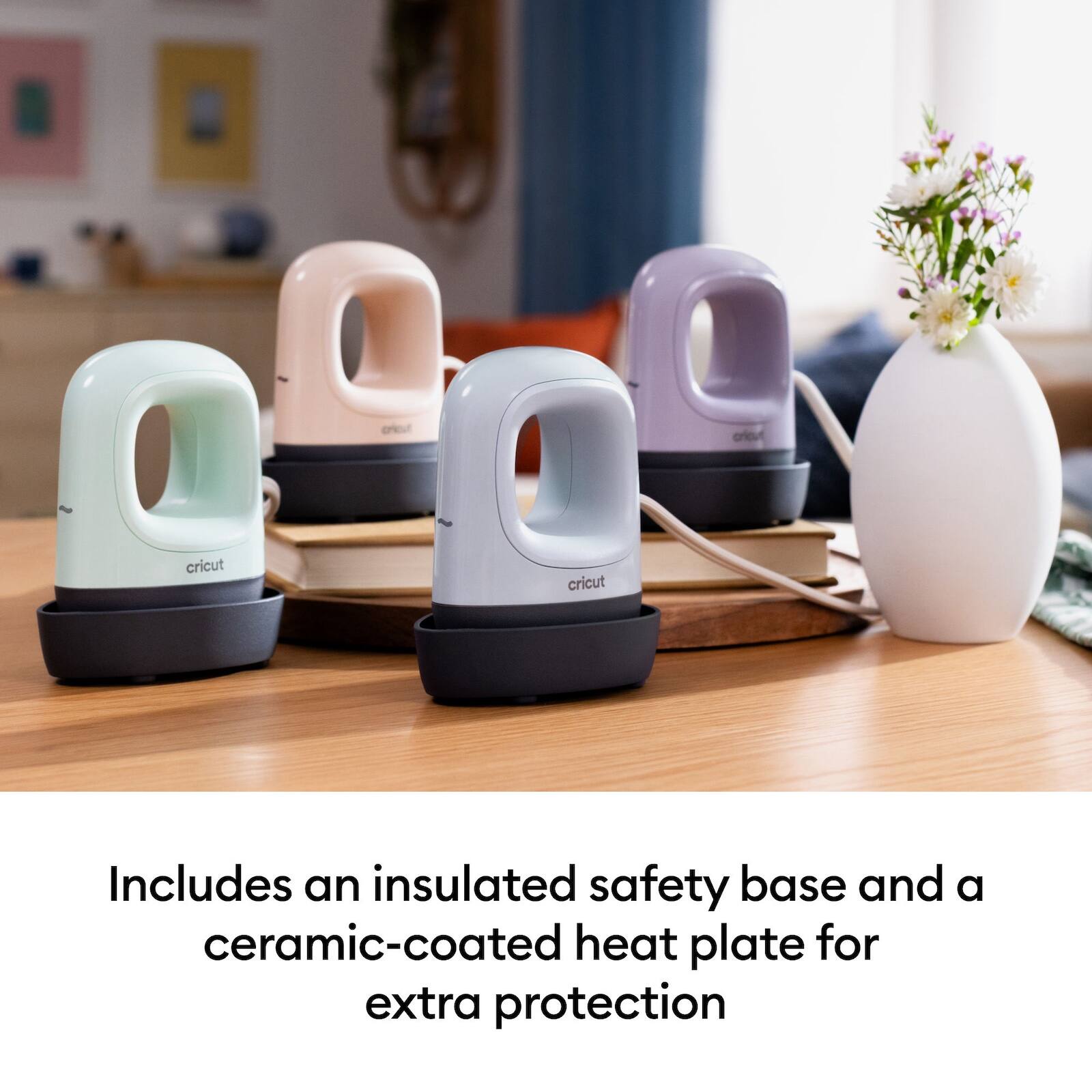 Includes an insulated safety base and a ceramic-coated heat plate for extra protection