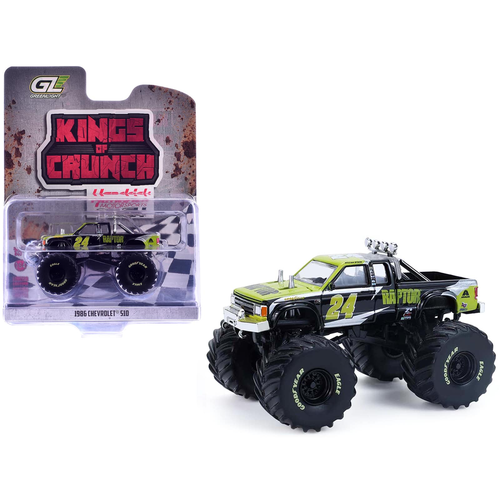"1986 Chevrolet S10 Monster Truck #24 ""Raptor"" Black and Green with Graphics 1/64 Diecast Model Car by Greenlight" price history on PriceWatchPro