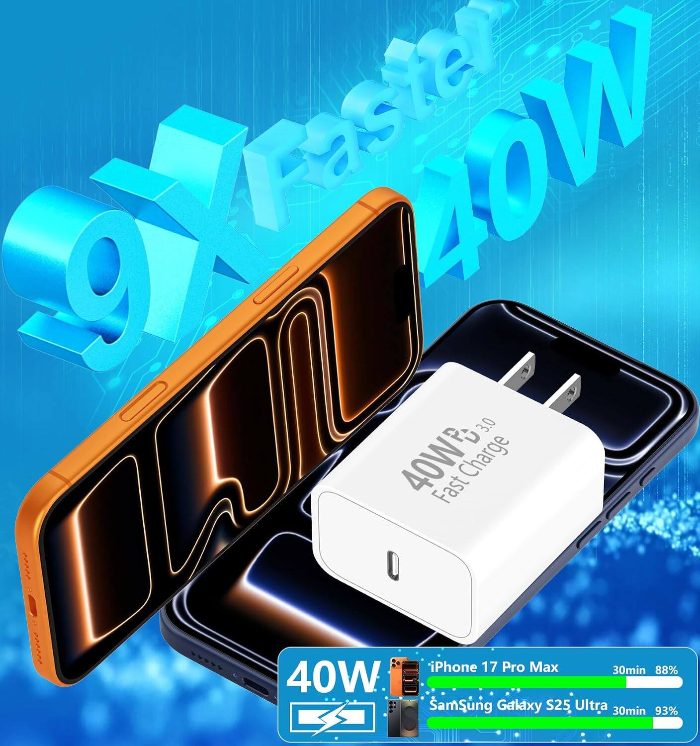 Lanson LOW 3.0 40WPC Fast Charge  
iPhone 17 Pro Max 30min 88%  
Samsung Galaxy S25 Ultra 30min 93%