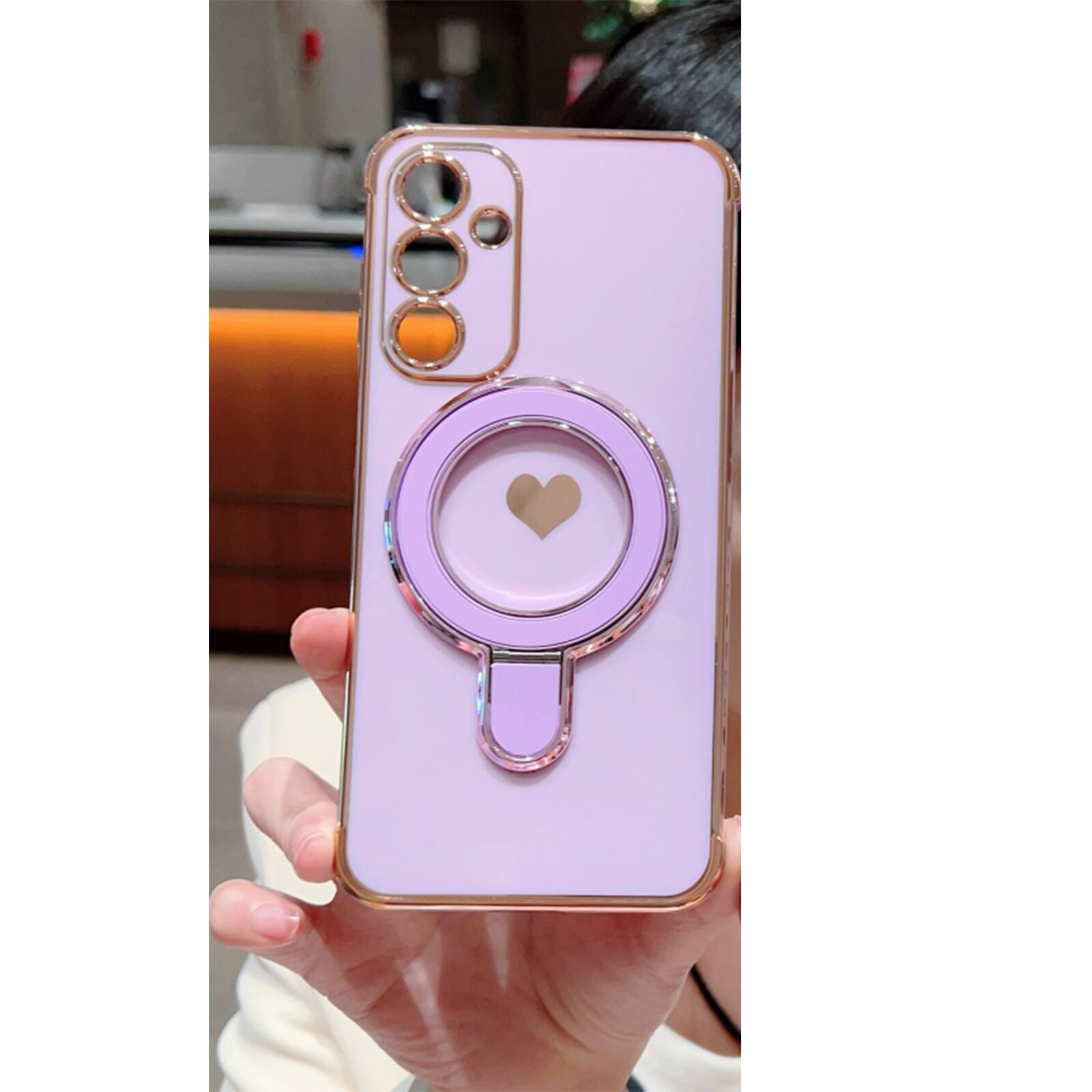 Front. UUCOVER - Magnetic Ring Kickstand Case for Samsung Galaxy A17 5G, Compatible with MagSafe, Electroplated Heart Pattern Slim Cover - Purple.