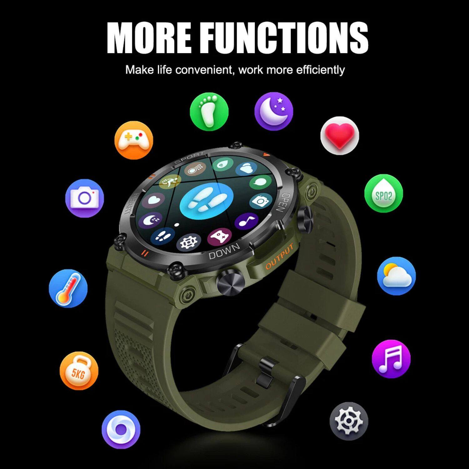 MORE FUNCTIONS  
Make life convenient, work more efficiently  

- SPORT  
- OPEN OUTPUT  
- SP02  
- 5KG  
- DOWN  
- OPEN  
- OUTPUT