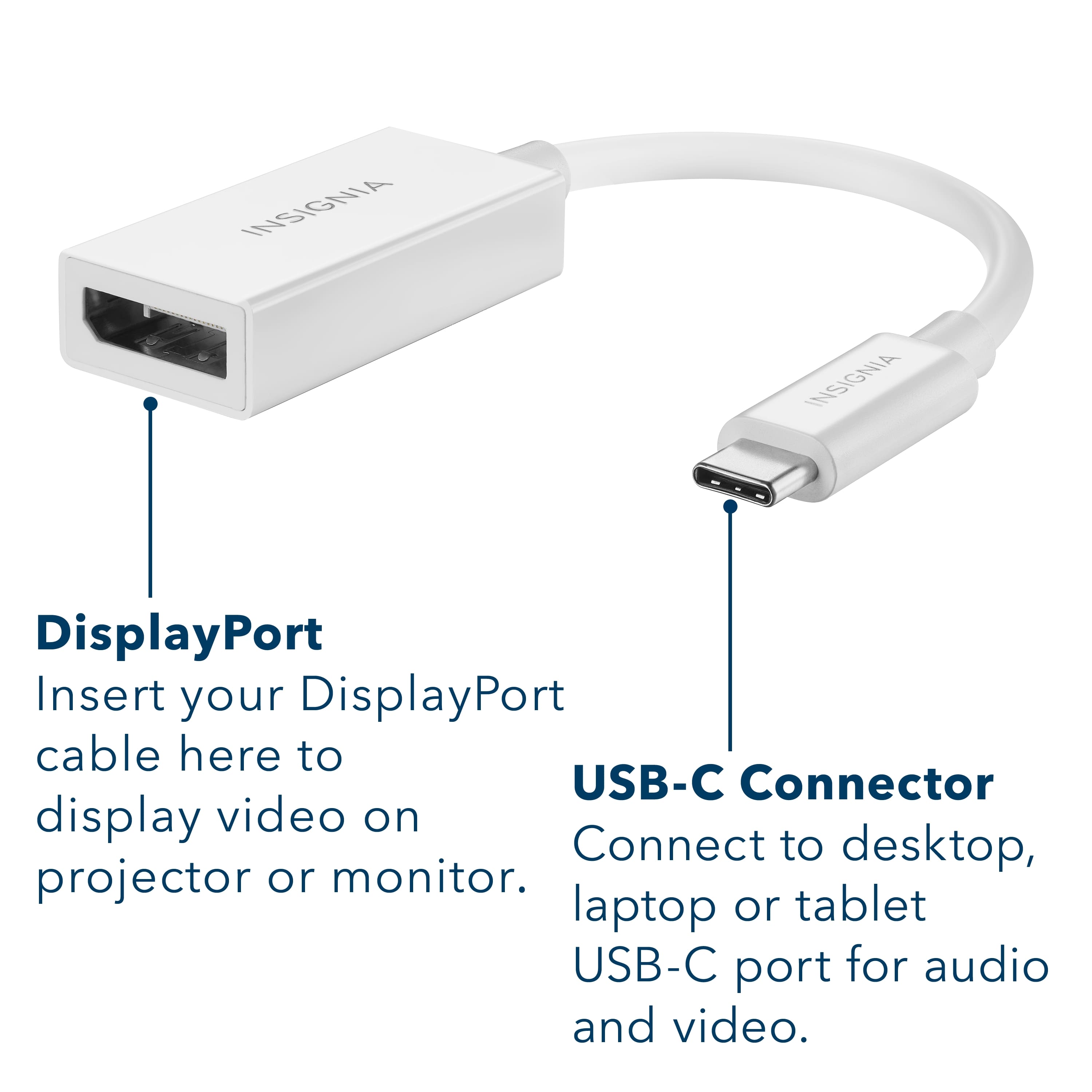 DisplayPort Insert your DisplayPort cable here to USB-C Connector display video on Connect to desktop, projector or monitor. laptop or tablet USB-C port for audio and video.