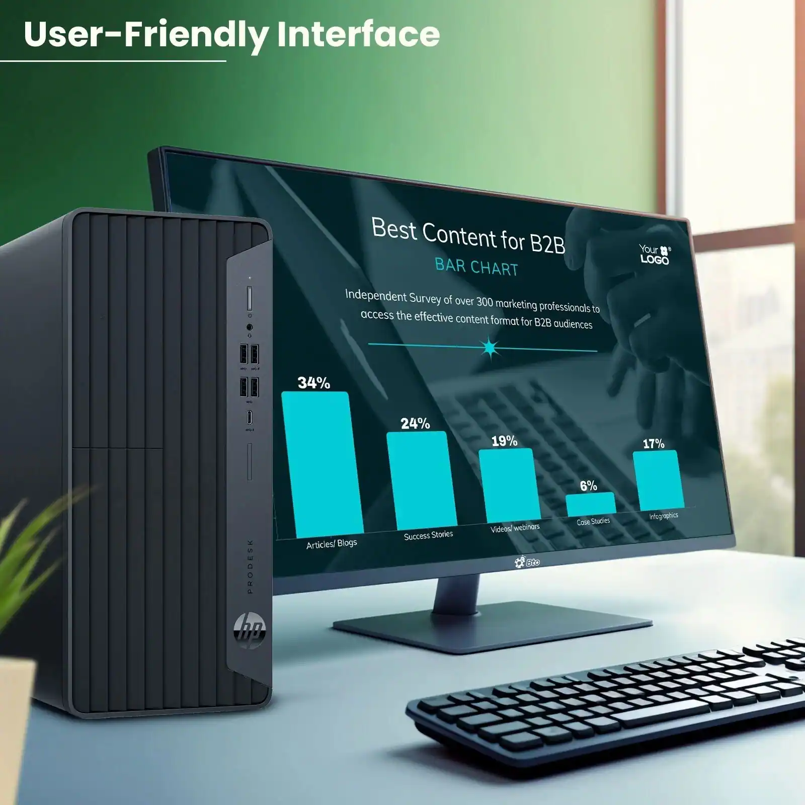 User-Friendly Interface

Best Content for B2B  
BAR CHART  
Independent Survey of over 300 marketing professionals to access the effective content format for B2B audiences

Your LOGO

34%  
24%  
19%  
17%  
6%

Articles/Blogs  
Success Stories  
Videos webinars  
Case Studies  
Infographics
