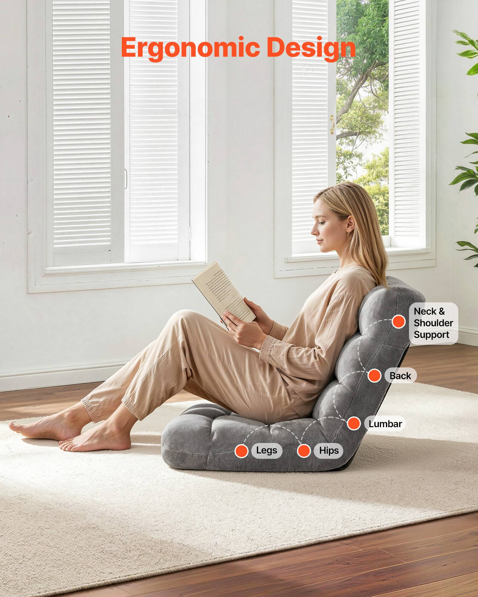 Ergonomic Design

Neck & Shoulder Support
Back
Lumbar
Legs
Hips