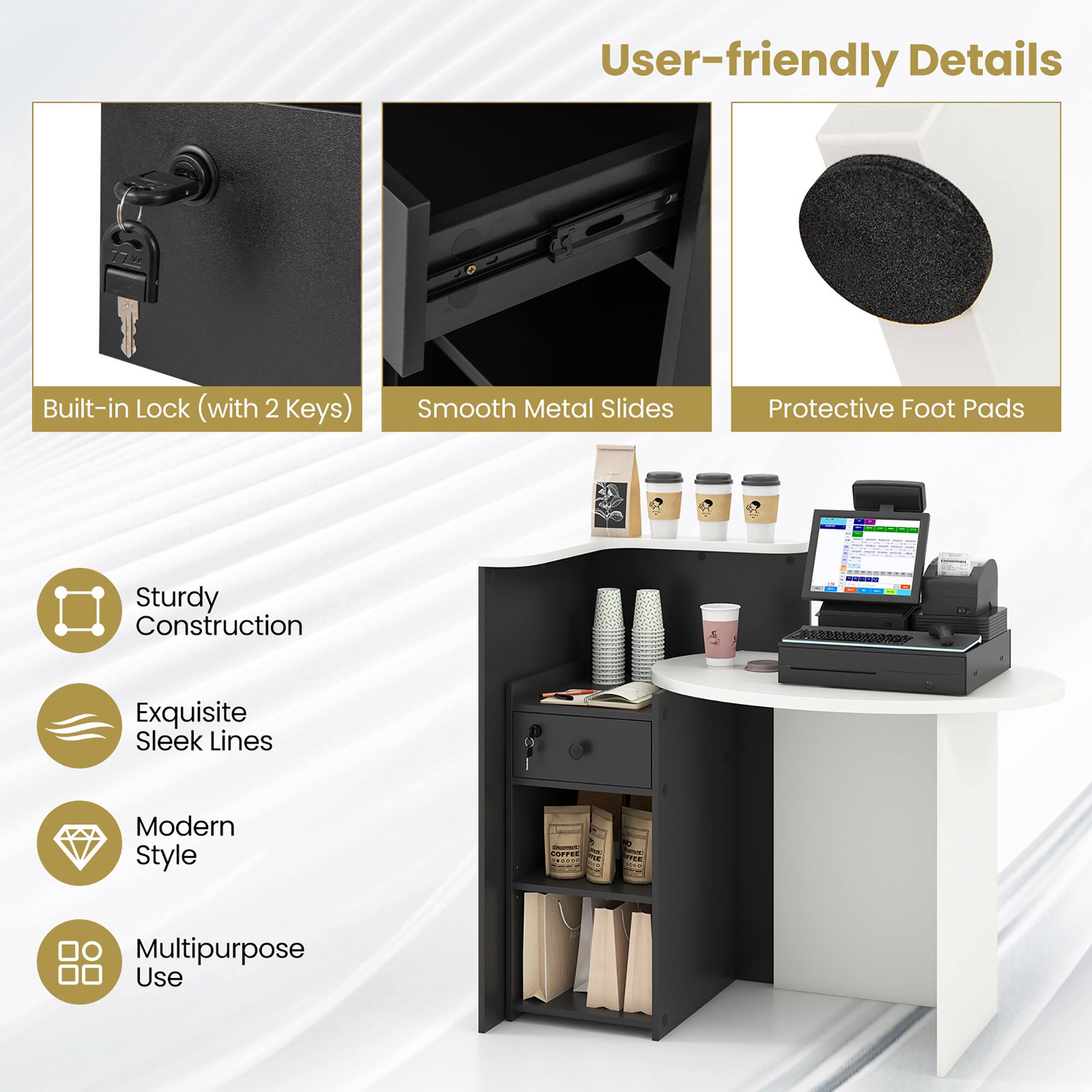 User-friendly Details  
- Built-in Lock (with 2 Keys)  
- Smooth Metal Slides  
- Protective Foot Pads  
- Sturdy Construction  
- Exquisite Sleek Lines  
- Modern Style  
- Multipurpose Use