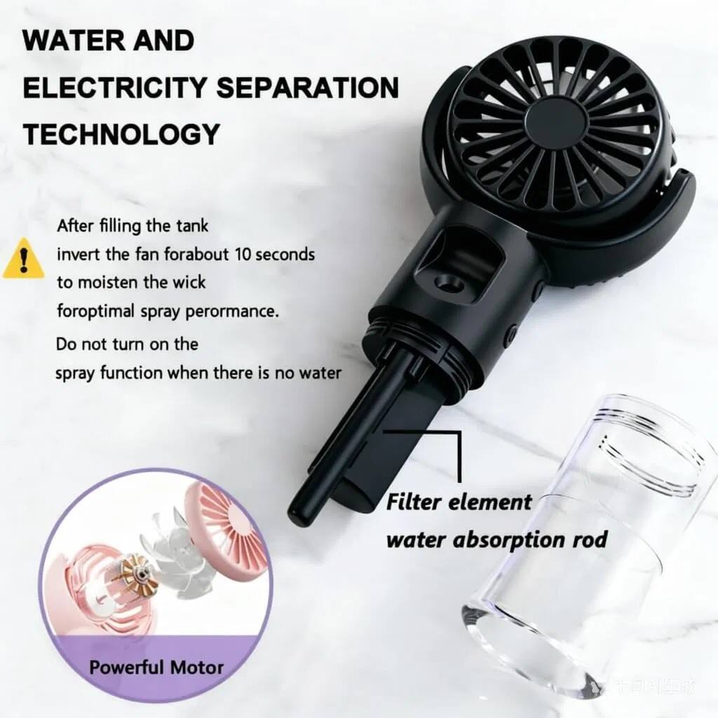 WATER AND ELECTRICITY SEPARATION TECHNOLOGY

After filling the tank, invert the fan for about 10 seconds to moisten the wick for optimal spray performance. Do not turn on the spray function when there is no water.

Filter element water absorption rod

Powerful Motor