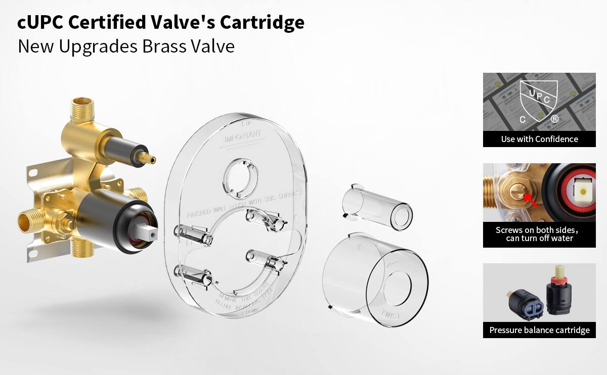 cUPC Certified Valve's Cartridge  
New Upgrades Brass Valve  

IMPORTANT  
Use with Confidence  

Screws on both sides, can turn off water  

Pressure balance cartridge