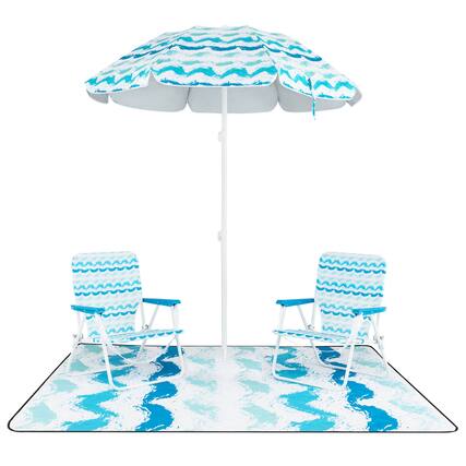 Front. Costway - Costway 4 PCS Beach Umbrella Set with 2 Foldable Chairs & Picnic Blanket, Tilt Mechanism - Blue.