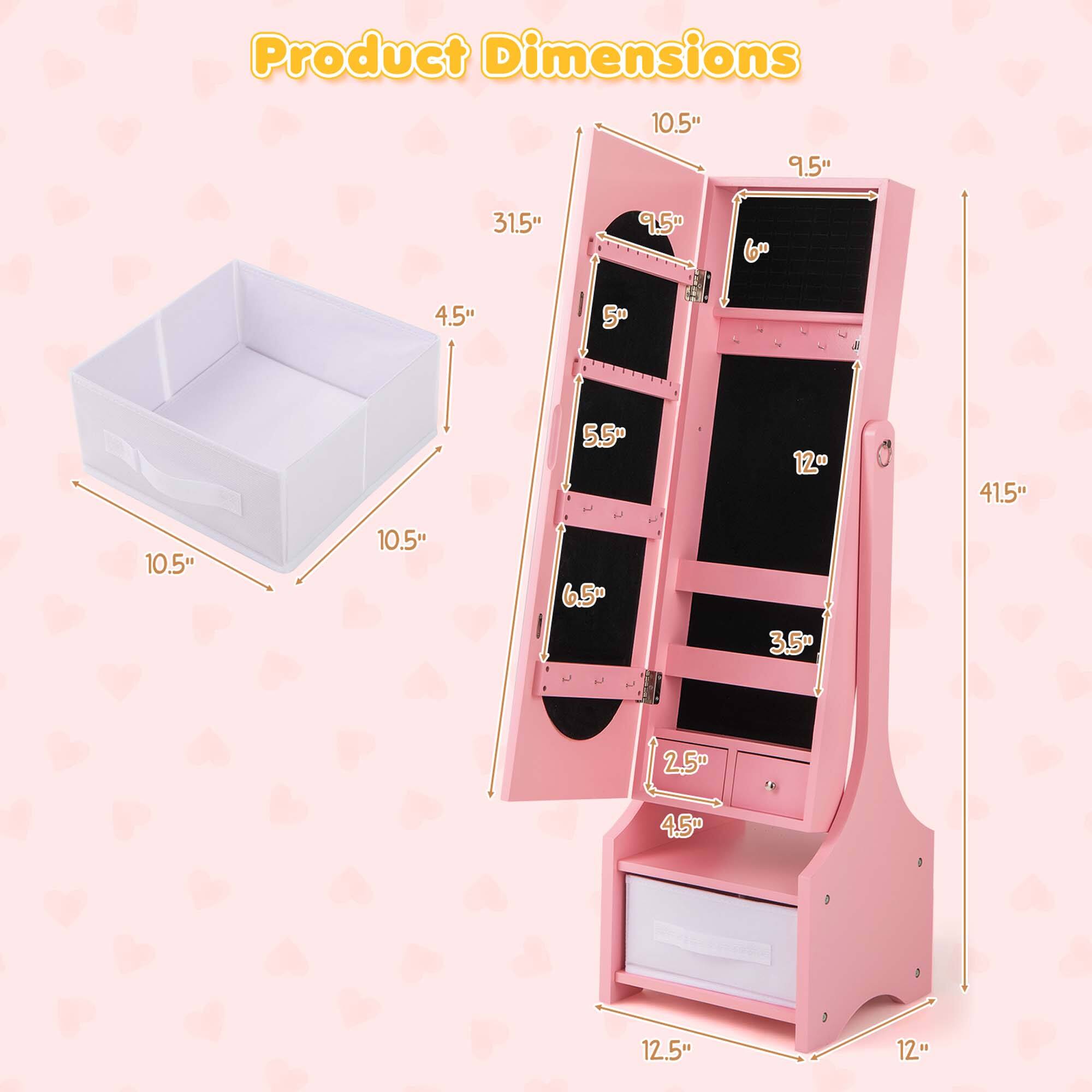 Product Dimensions

- 10.5" x 10.5" x 4.5" (box)
- 31.5" (height of the stand)
- 9.5" (width of the top section)
- 5" (height of the top section)
- 5.5" (height of the middle section)
- 6" (height of the bottom section)
- 3.5" (width of the bottom section)
- 2.5" (depth of the bottom section)
- 4.5" (depth of the middle section)
- 12" (width of the bottom drawer)
- 12.5" (depth of the bottom drawer)
- 41.5" (total height of the stand)