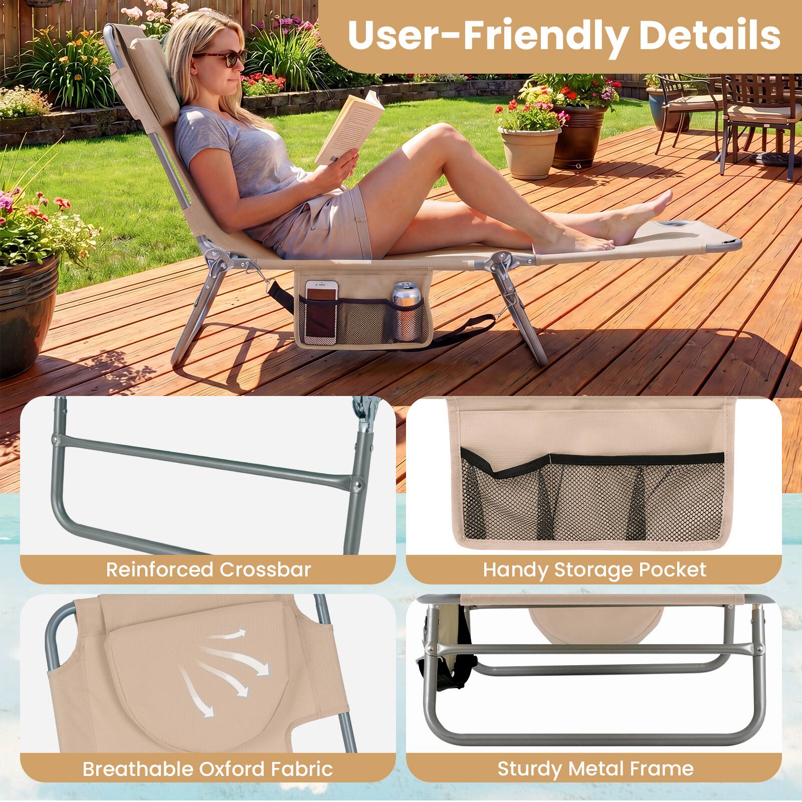 User-Friendly Details

- Reinforced Crossbar
- Breathable Oxford Fabric
- Handy Storage Pocket
- Sturdy Metal Frame