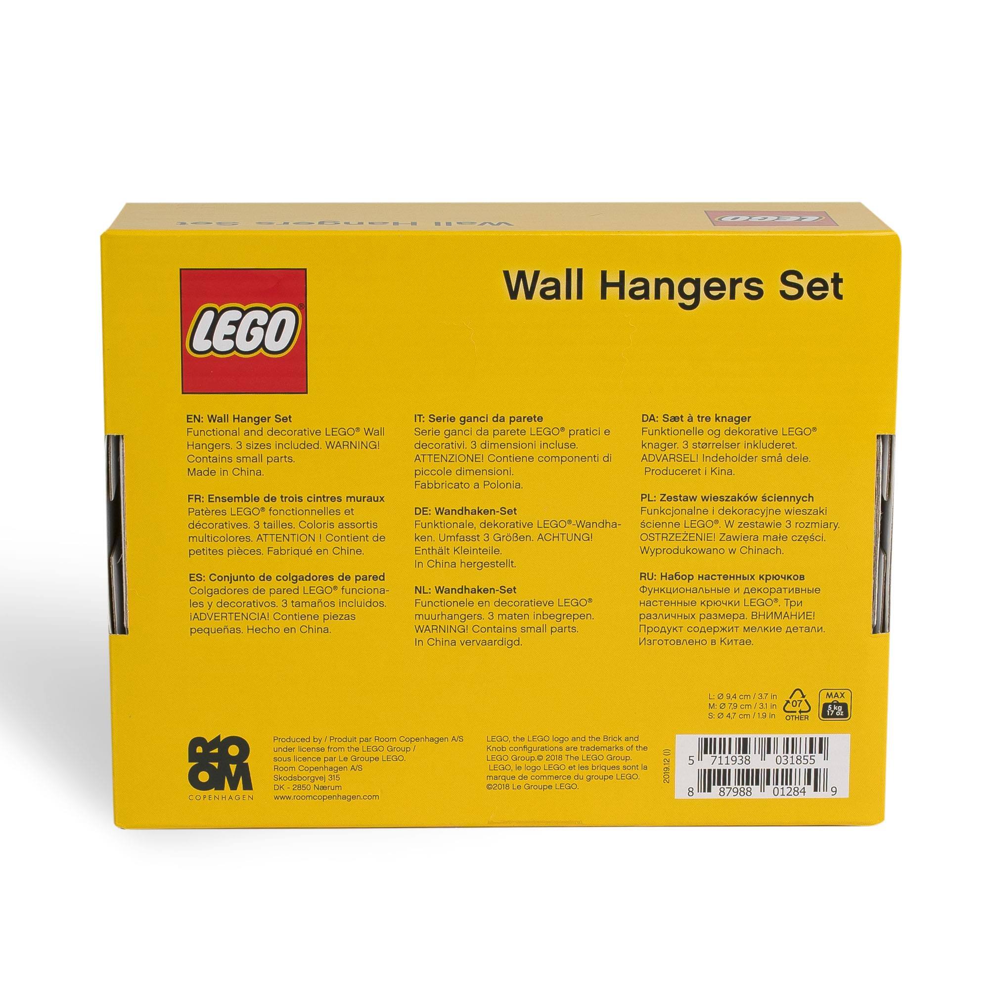 **Wall Hangers Set**

**EN:** Wall Hanger Set  
Functional and decorative LEGO® Wall Hangers. 3 sizes included. WARNING! Contains small parts. Made in China.

**IT:** Serie ganci parete LEGO® pratici e decorativi. 3 dimensioni incluse. ATTENZIONE! Contiene componenti piccoli. Fabbricato in Polonia.

**DA:** Sæt af tre knager  
Funktionelle og dekorative LEGO® Hangers. 3 størrelser inkluderet. ADVARSEL! Indeholder små dele. Produceret i Kina.

**FR:** Ensemble trois cintres muraux  
Patères LEGO® fonctionnels et décoratifs. 3 tailles incluses. ATTENTION! Contient de petites pièces. Fabriqué en Chine.

**DE:** Wandhaken-Set  
Funktionale dekorative LEGO®-Wandhaken. 3 Größen. ATTENTION! Enthält Kleinteile. Fabriekat in China.

**ES:** Conjunto de colgadores de pared  
Colgadores de pared LEGO® funcionales y decorativos. 3 tama