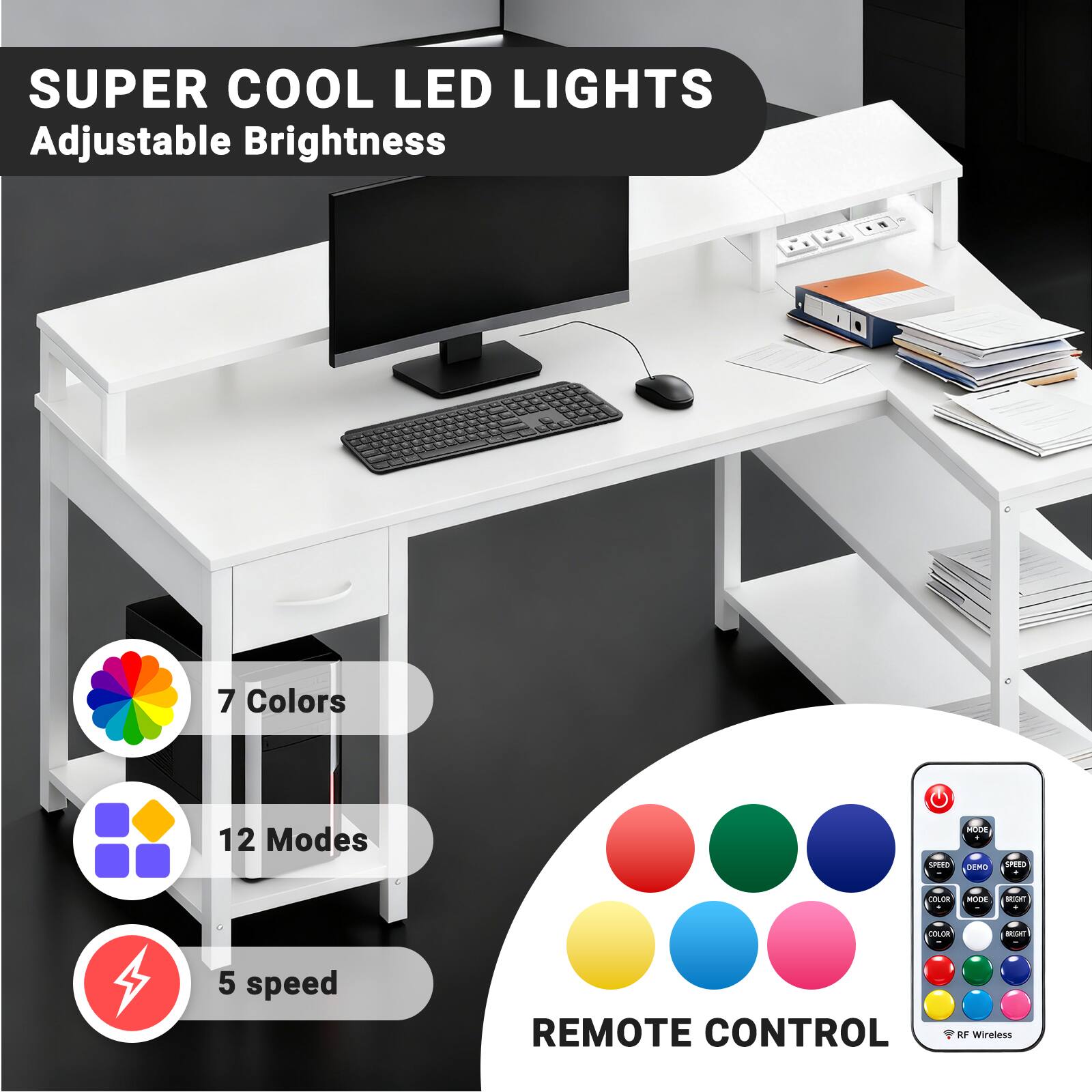 SUPER COOL LED LIGHTS  
Adjustable Brightness  

7 Colors  
12 Modes  
5 speed  

REMOTE CONTROL  
RF Wireless