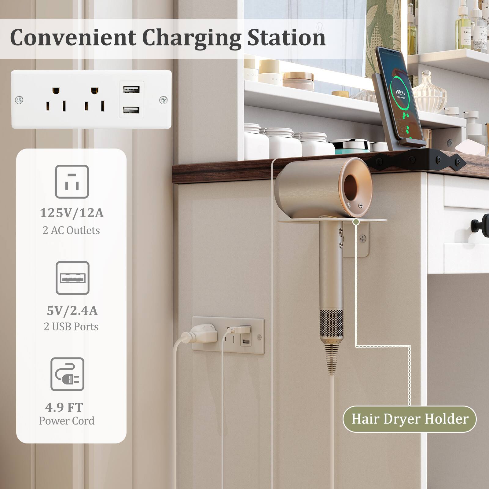 Convenient Charging Station

125V/12A  
2 AC Outlets

5V/2.4A  
2 USB Ports

4.9 FT Power Cord

Hair Dryer Holder