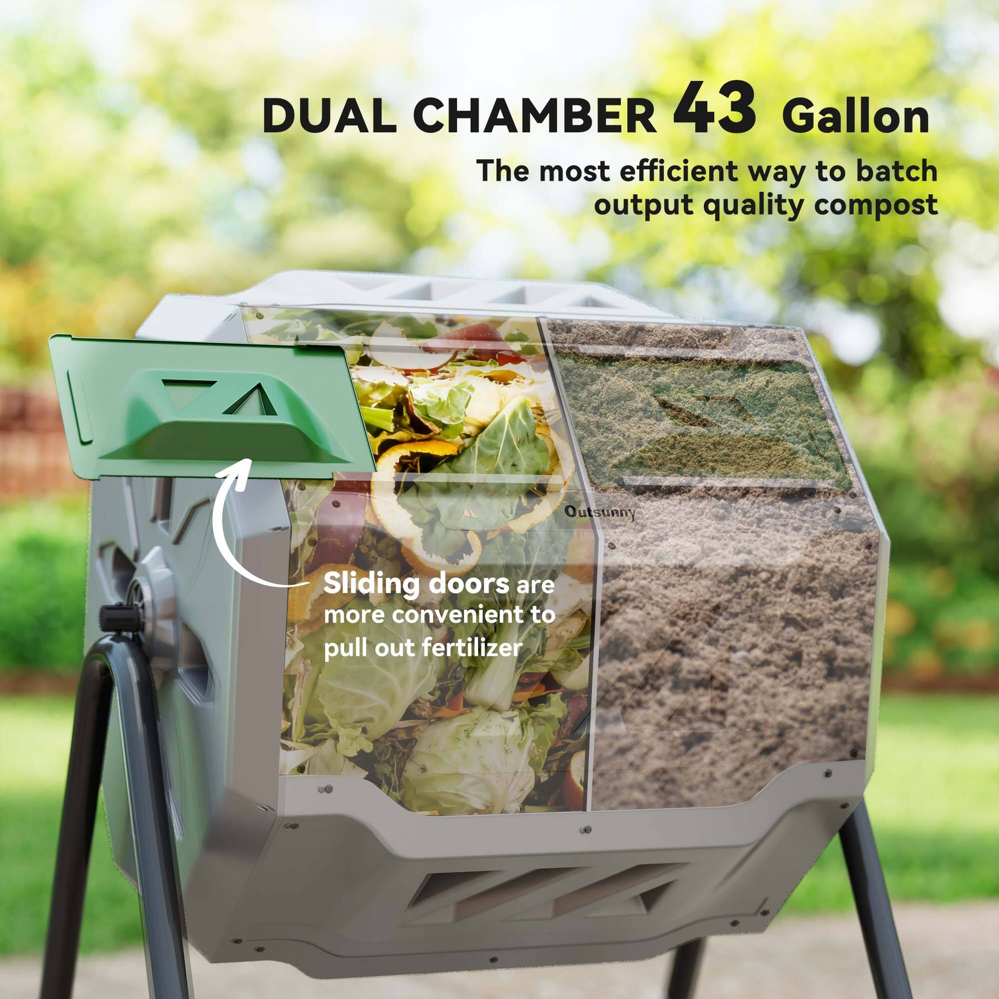 DUAL CHAMBER 43 Gallon  
The most efficient way to batch output quality compost  

Sliding doors are more convenient to pull out fertilizer