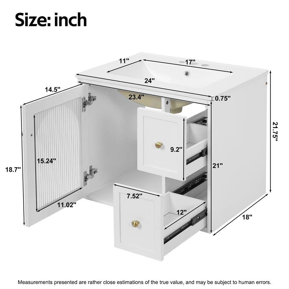 Size: inch

11"
17"
18.7"
14.5" 15.24"
24" 23.4"
9.2"
0.75" 21"
21.75"
11.02"
7.52"
12"
18"

Measurements presented are rather close estimations of the true value, and may be subject to human errors.