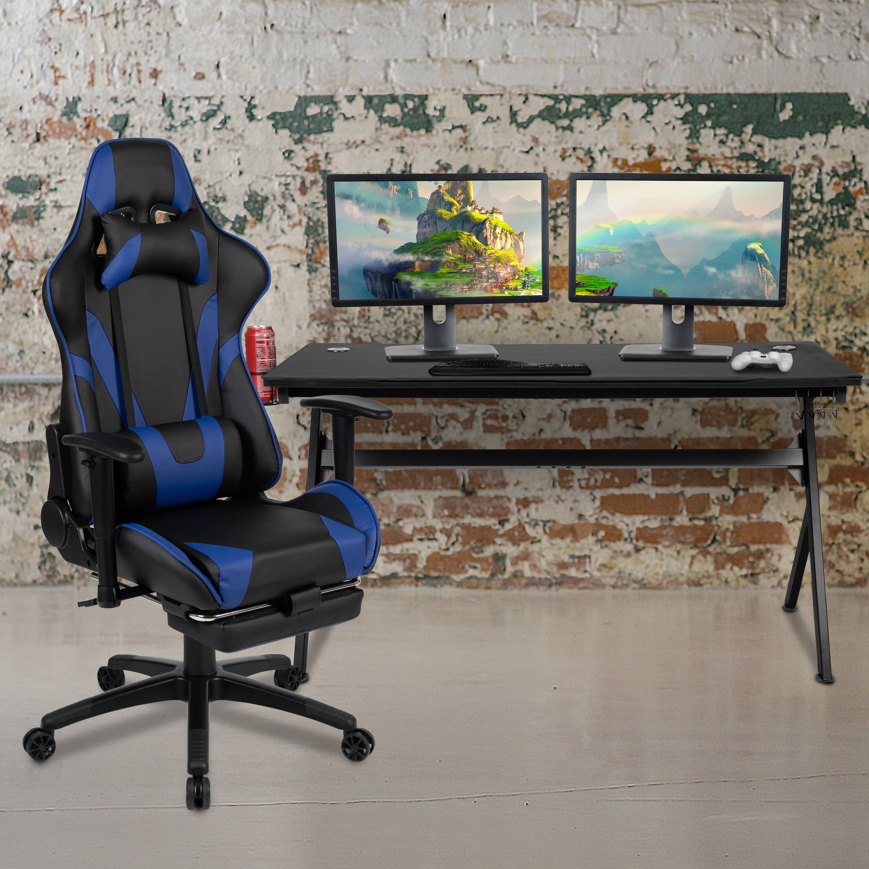 Angle. Flash Furniture - Optis Gaming Desk and Blue Footrest Reclining Gaming Chair Set - Cup Holder/Headphone Hook/Removable Mouse Pad Top/Wire - Blue.