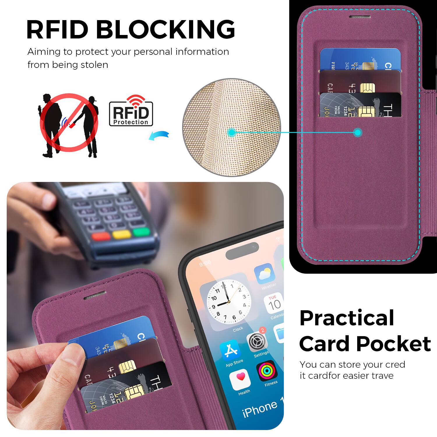 RFID BLOCKING  
Aiming to protect your personal information from being stolen  

Practical Card Pocket  
You can store your credit card for easier travel