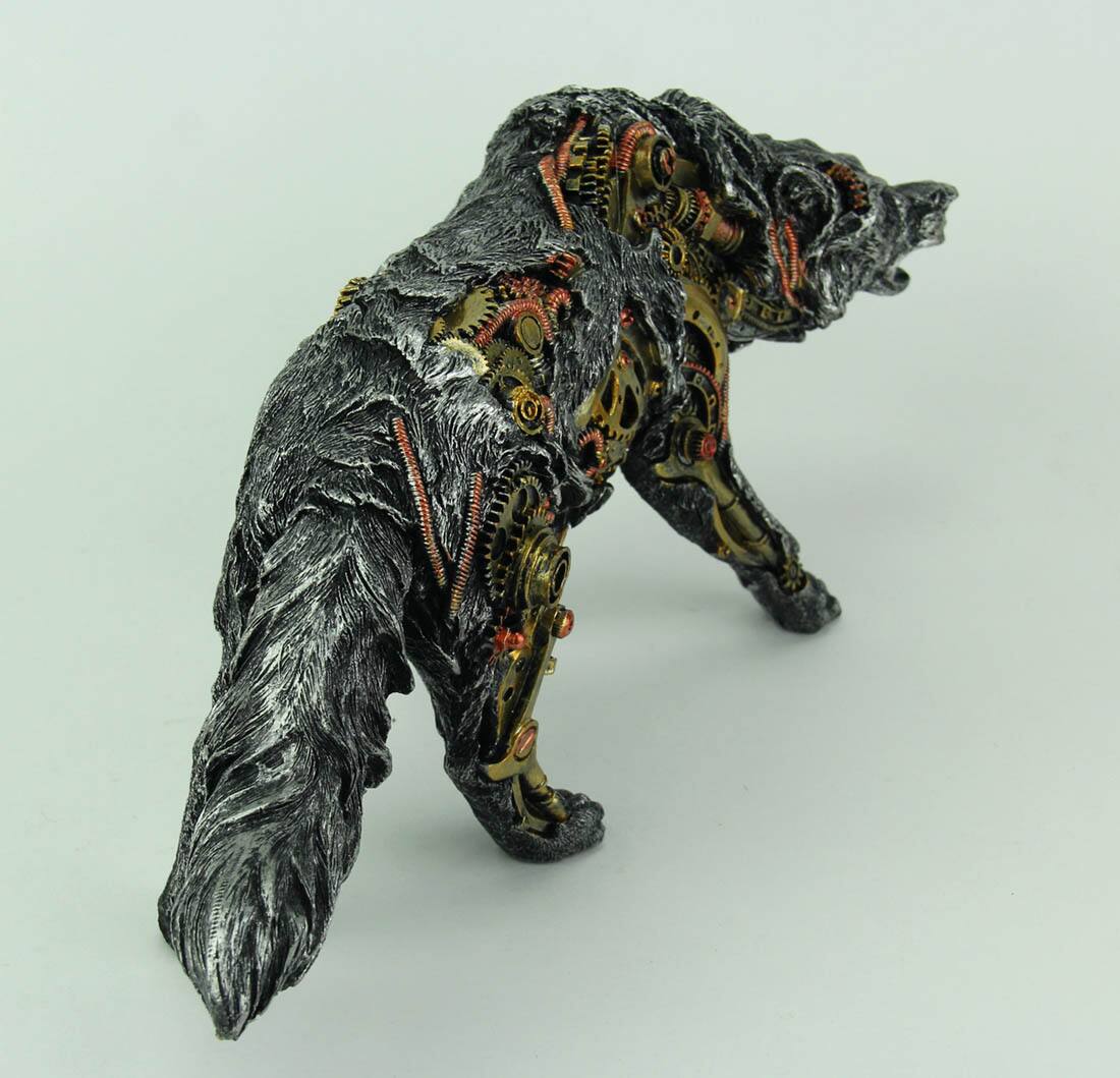 Alt View 2. Everspring Import Co. - Metallic Silver Finish Mechanical Steampunk Timber Wolf Statue - Silver.
