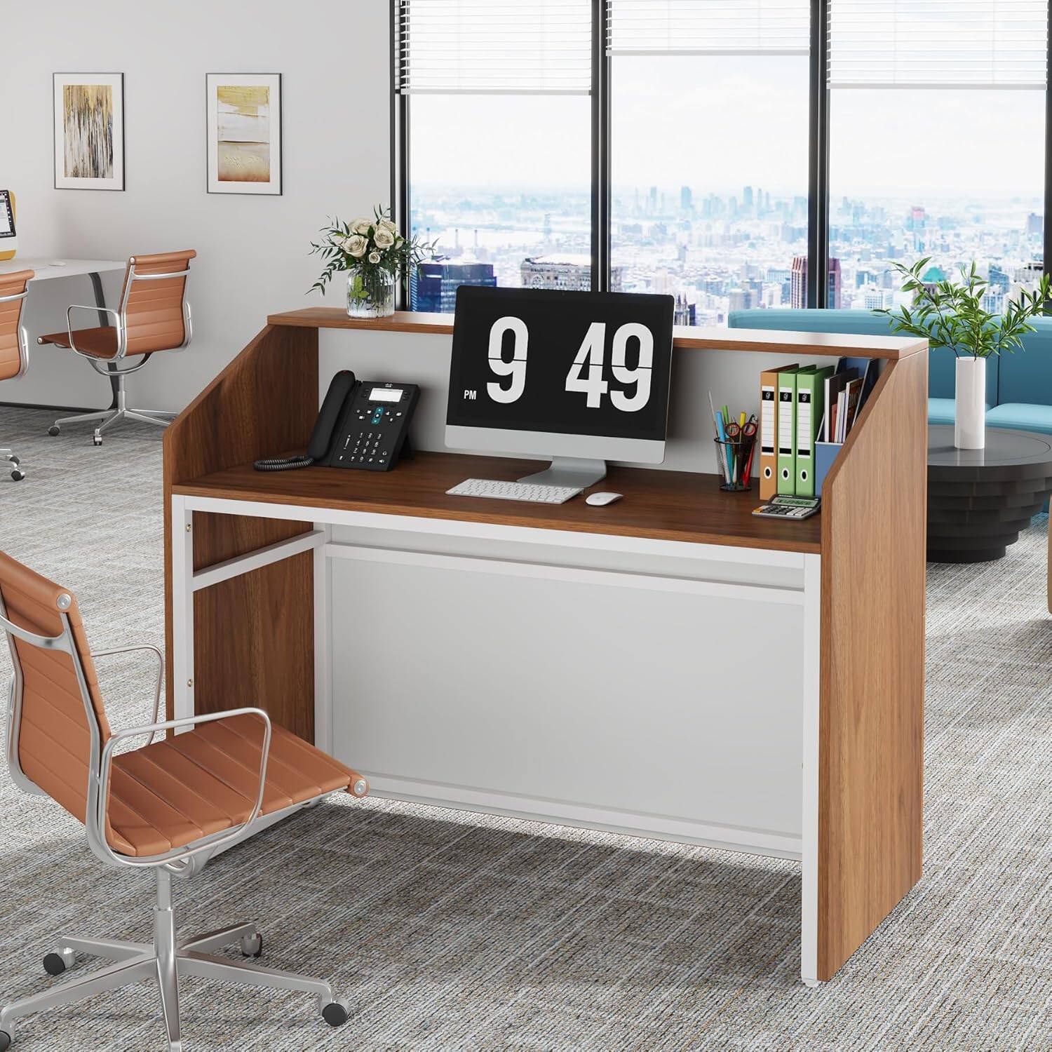 Angle. Tribesigns - Office Reception Desk with Engineered Wood Construction, for Front Desk Work in Reception Areas and Shared Workspaces - Brown.