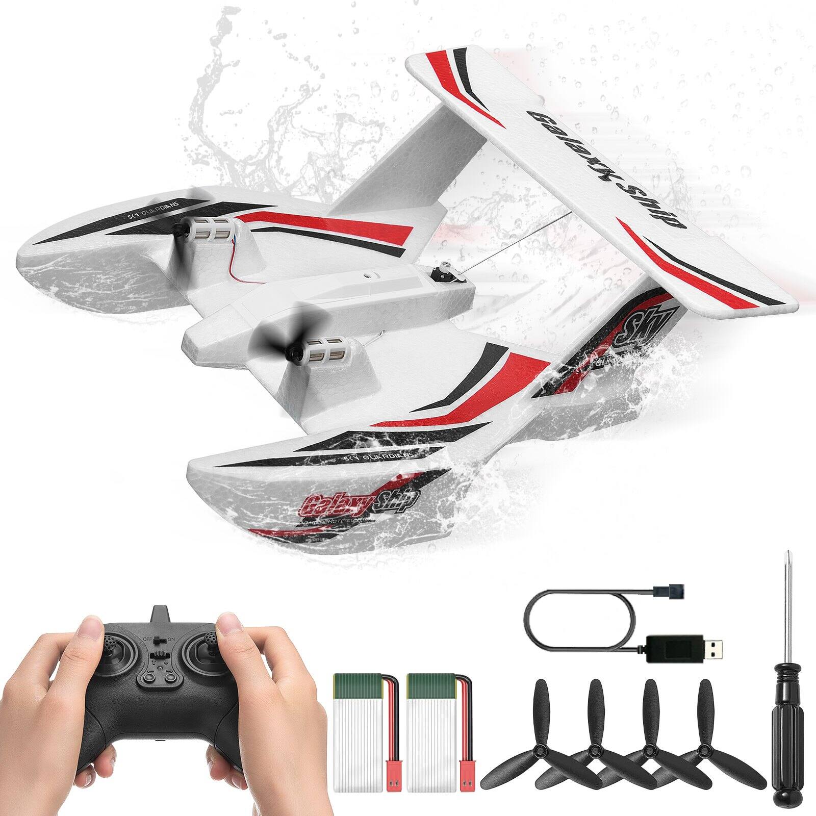 Glintex - RC Plane 2.4GHz 3CH Amphibious Airplane with 6-Axis Gyro, Ready to Fly Glider Toy with 2 Batteries for Kids & Beginners