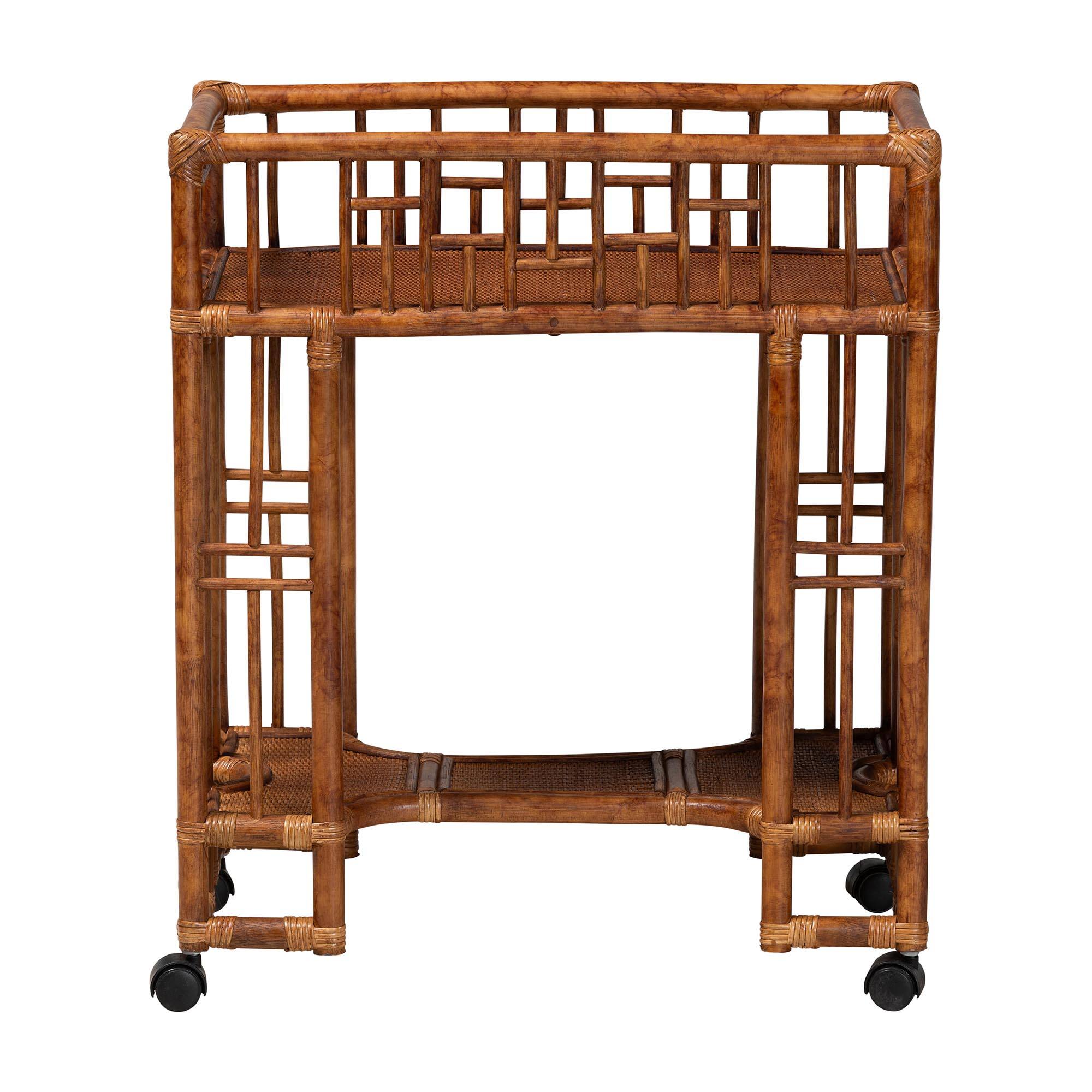 Angle. bali & pari - bali & pari Tahlia Marbled Tortoise Rattan Kitchen Cart with Open Shelf - Marbled Tortoise Brown.