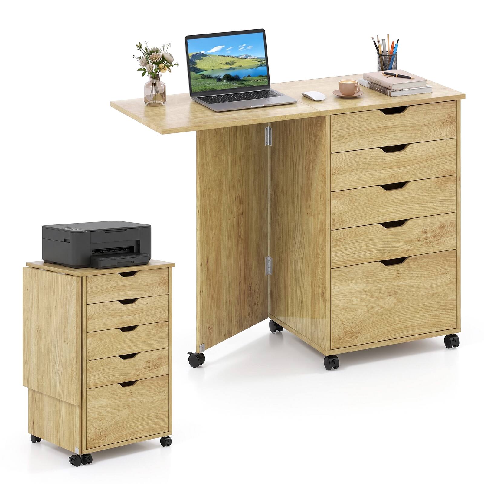 Costway Folding Desk with Storage Drawers & Wheels, Foldable Drop Leaf ...