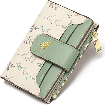 Front. Wikistore - WIKISTORE Small Wallets for Women RFID Blocking Leather Bifold Zipper Card Holder Green - Green.
