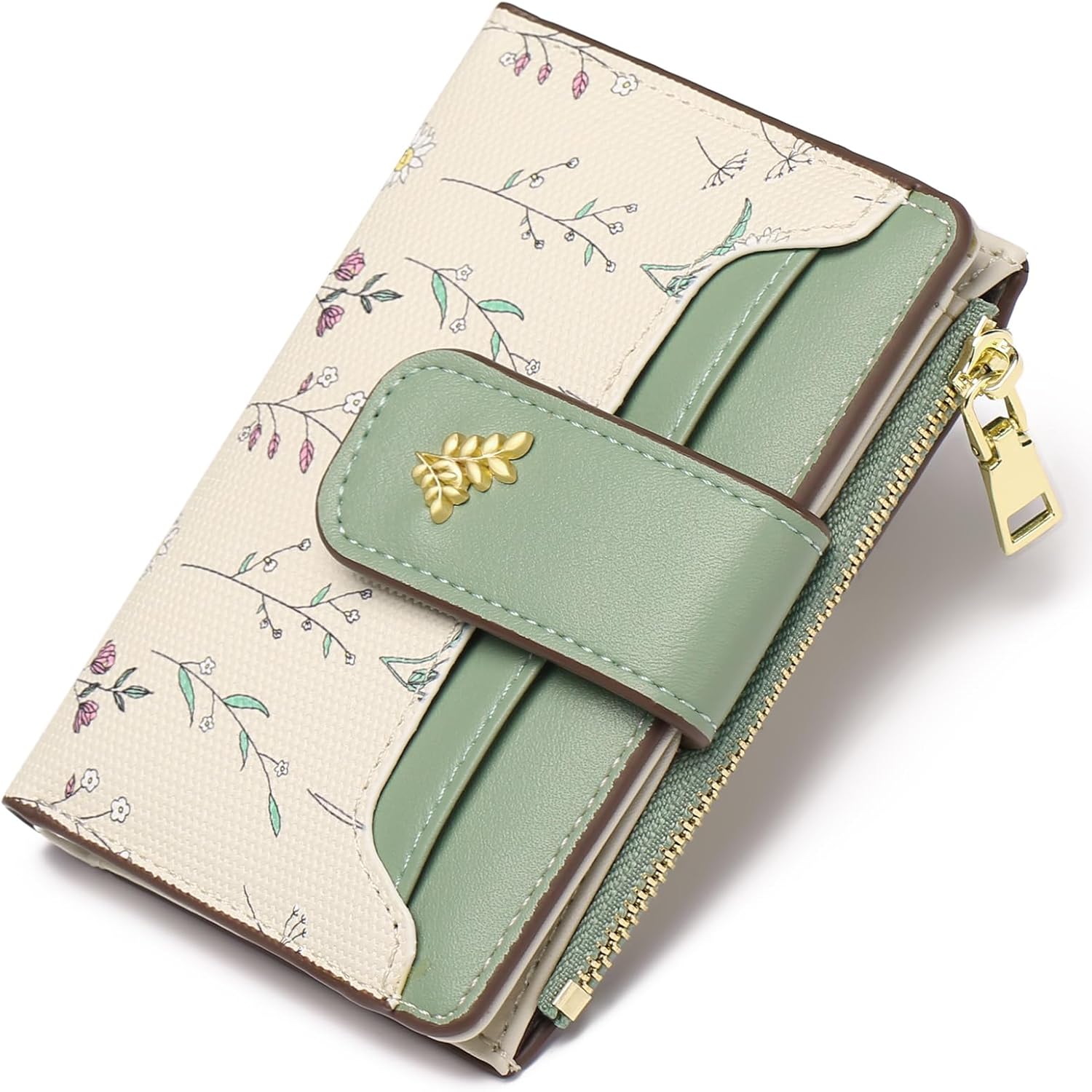 Front. Wikistore - WIKISTORE Small Wallets for Women RFID Blocking Leather Bifold Zipper Card Holder Green - Green.
