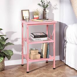 Vecelo - Nightstand with 3-Tier Open Shelves - X-Shape Metal Frame Bedside Table, Small End Table - Pink