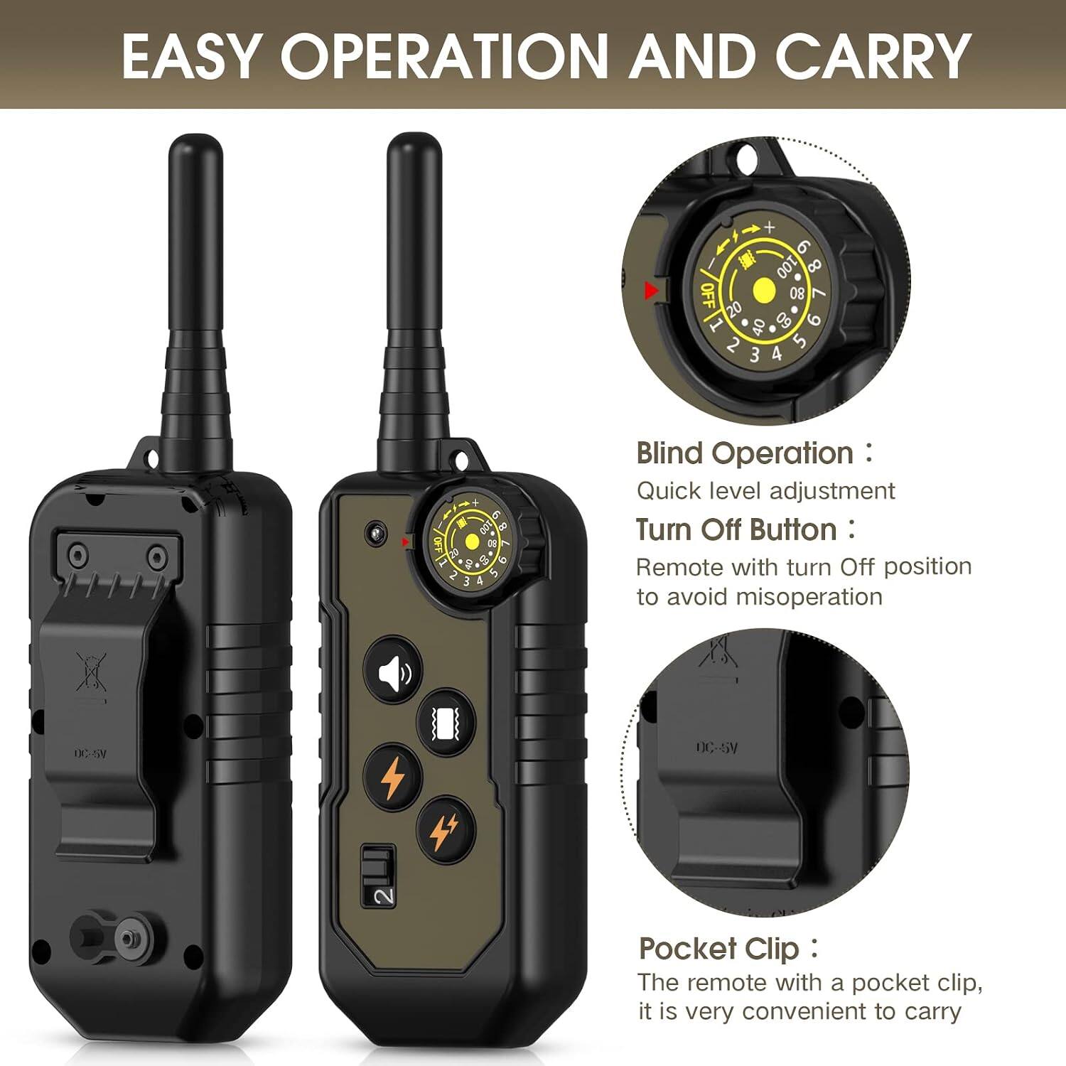 EASY OPERATION AND CARRY

Blind Operation: Quick level adjustment

Turn Off Button: Remote with turn Off position to avoid misoperation

Pocket Clip: The remote with a pocket clip, it is very convenient to carry