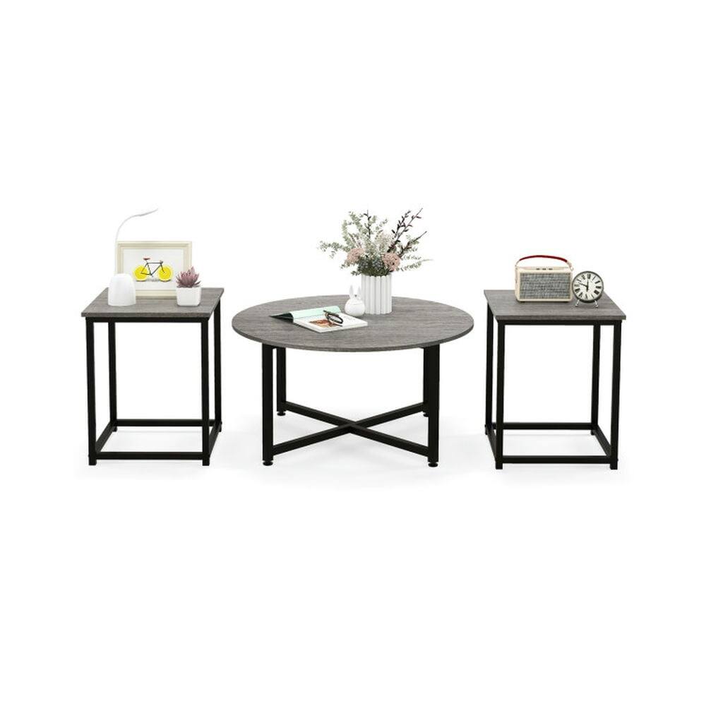 Back. Kadyn - 3-Piece Coffee Table Set Round Coffee Table and 2PCS Square End Tables-Gray, Modern Coffee Table for Living Room - Gray.