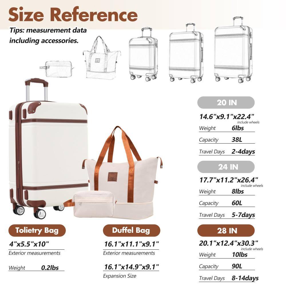 **Size Reference Tips: measurement data including accessories.**

- **20 IN**
  - Dimensions: 14.6" x 9.1" x 22.4" (include wheels)
  - Weight: 6lbs
  - Capacity: 38L
  - Travel Days: 2-4 days

- **24 IN**
  - Dimensions: 17.7" x 11.2" x 26.4" (include wheels)
  - Weight: 8lbs
  - Capacity: 60L
  - Travel Days: 5-7 days

- **28 IN**
  - Dimensions: 20.1" x 12.4" x 30.3" (include wheels)
  - Weight: 10lbs
  - Capacity: 90L
  - Travel Days: 8-14 days

- **Toiletry Bag**
  - Exterior measurements: 4" x 5.5" x 10"
  - Weight: 0.2lbs

- **Duffel Bag**
  - Exterior measurements: 16.1" x 11