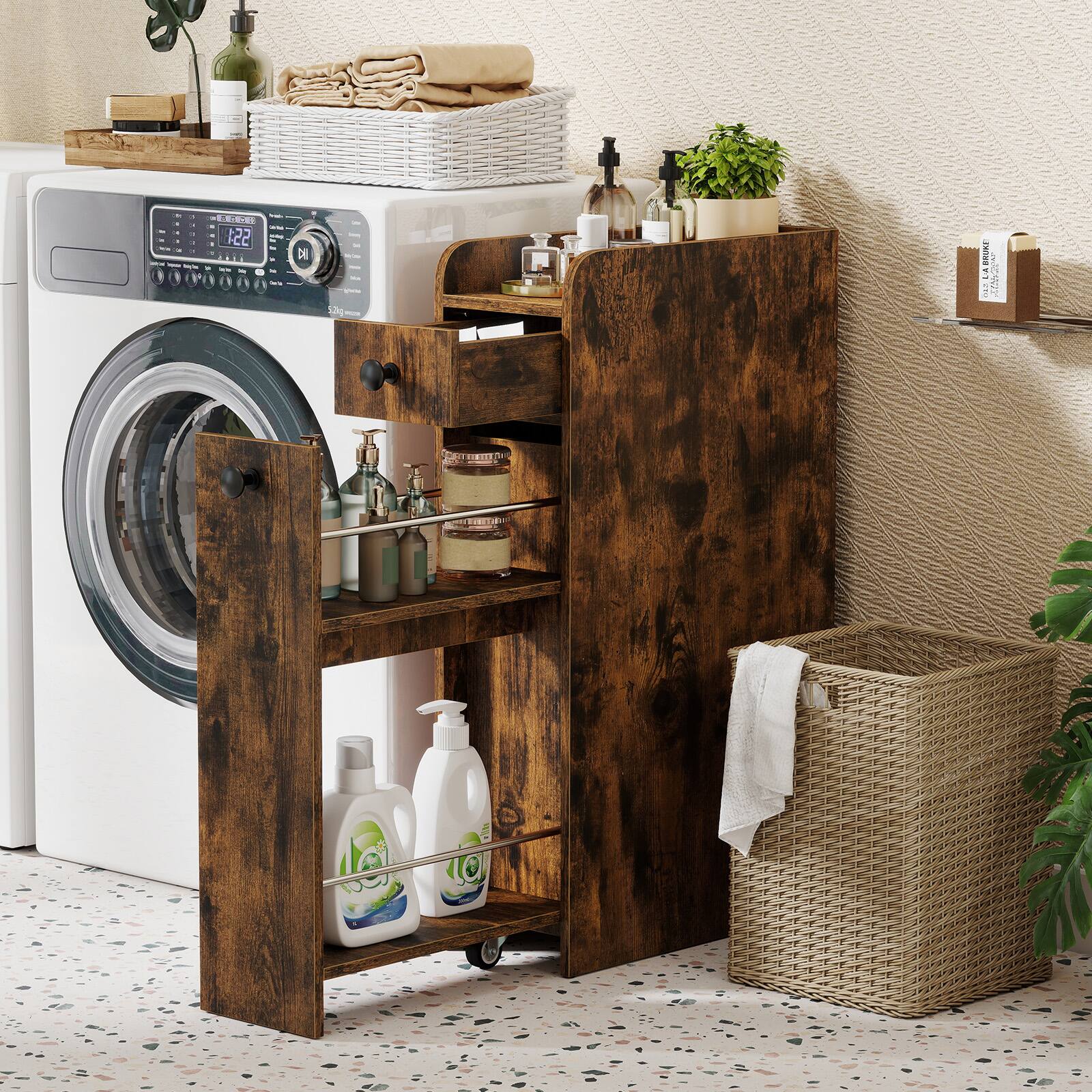 Alt View 4. Costway - Costway Slim Bathroom Storage Cabinet with Slide Out Drawer Spacious Top Rolling Wheels - Rustic Brown.