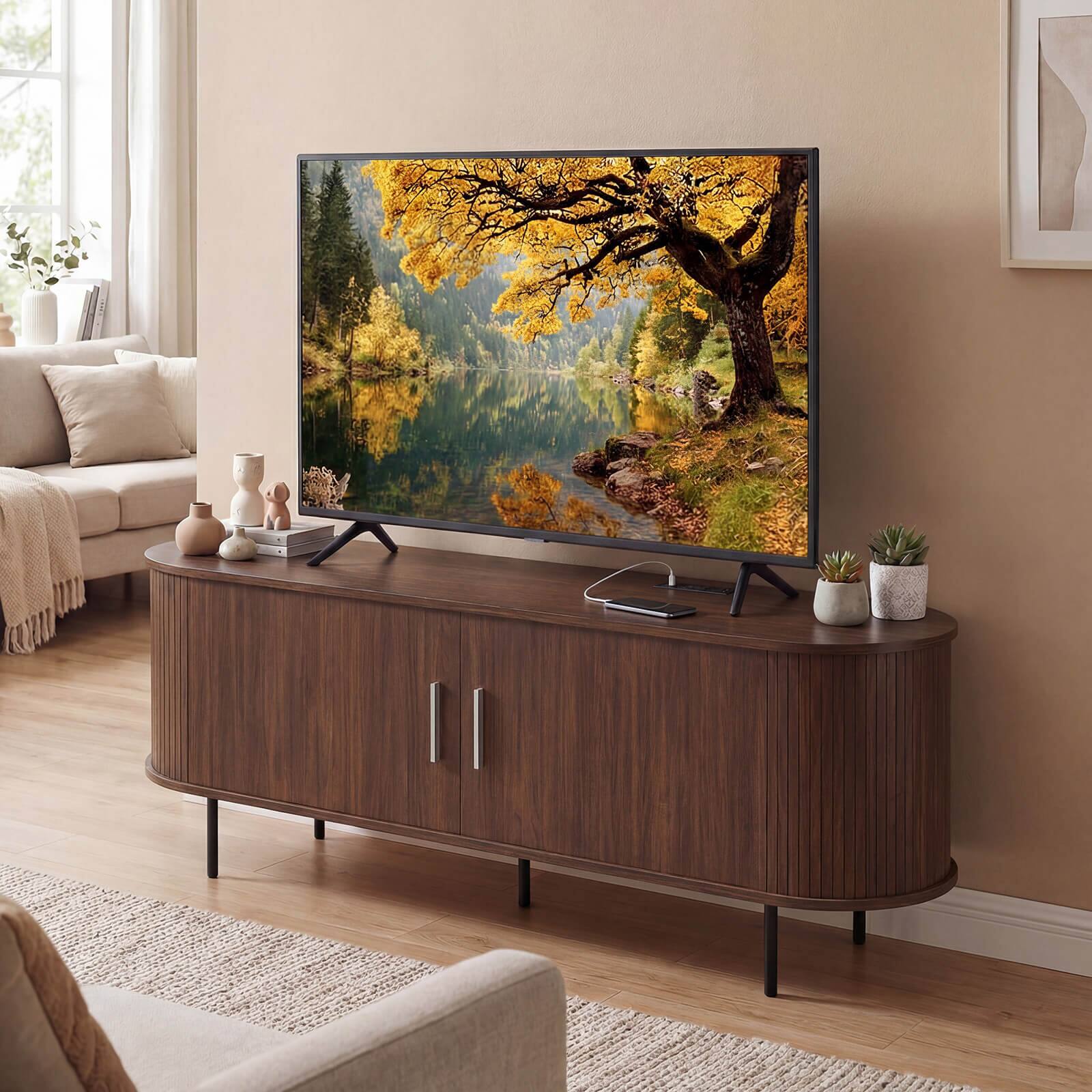 Alt View 4. Costway - Costway Fluted TV Stand for TVs up to 60", Mid Century Curved Entertainment Center - Walnut.