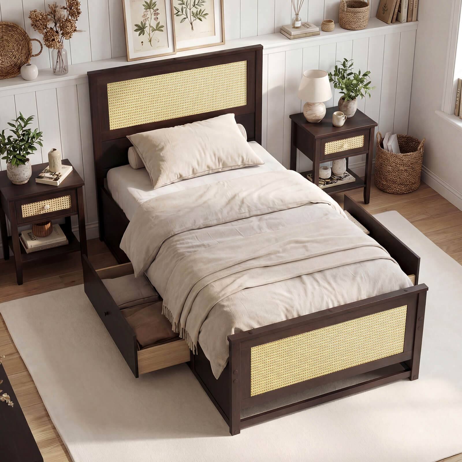 Alt View 1. Costway - Costway Twin Size Rattan Bed Frame with Storage Drawers, Rattan Woven Headboard & Footboard - Espresso.