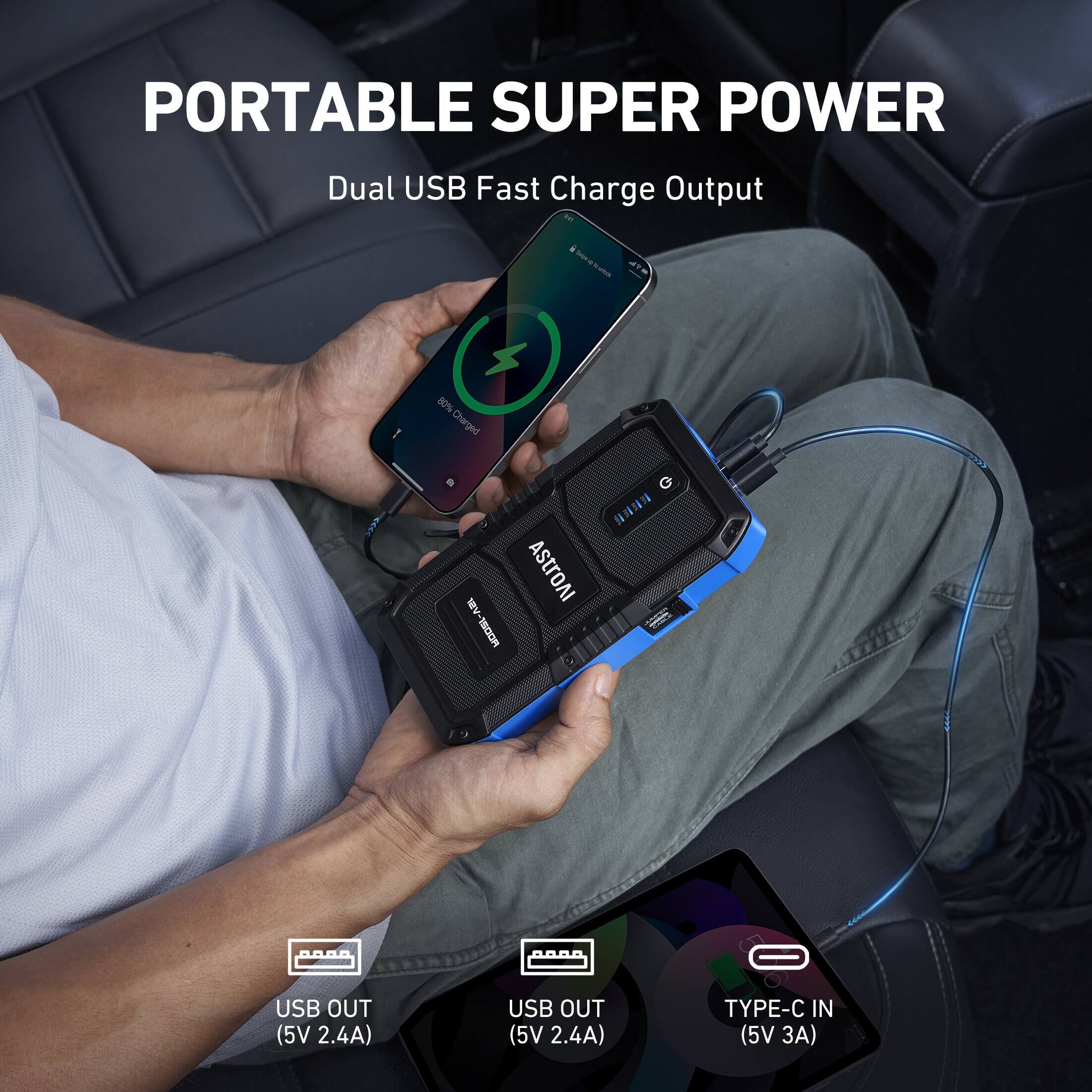 PORTABLE SUPER POWER
Dual USB Fast Charge Output
1 50% Charged
AStroAI
MOOSL-NN
USB OUT (5V 2.4A)
USB OUT (5V 2.4A)
TYPE-C IN (5V 3A)