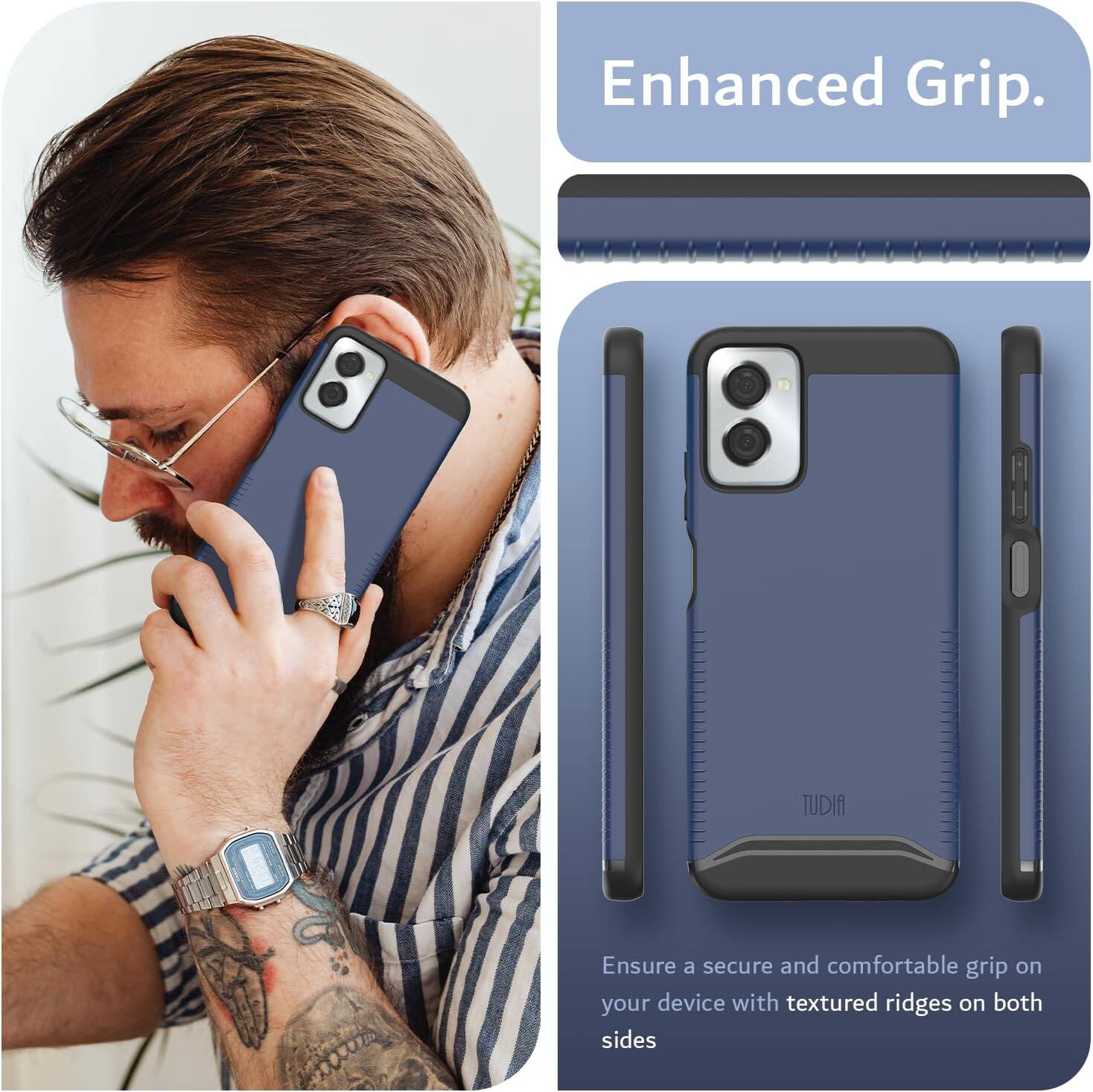 Enhanced Grip.

Ensure a secure and comfortable grip on your device with textured ridges on both sides.