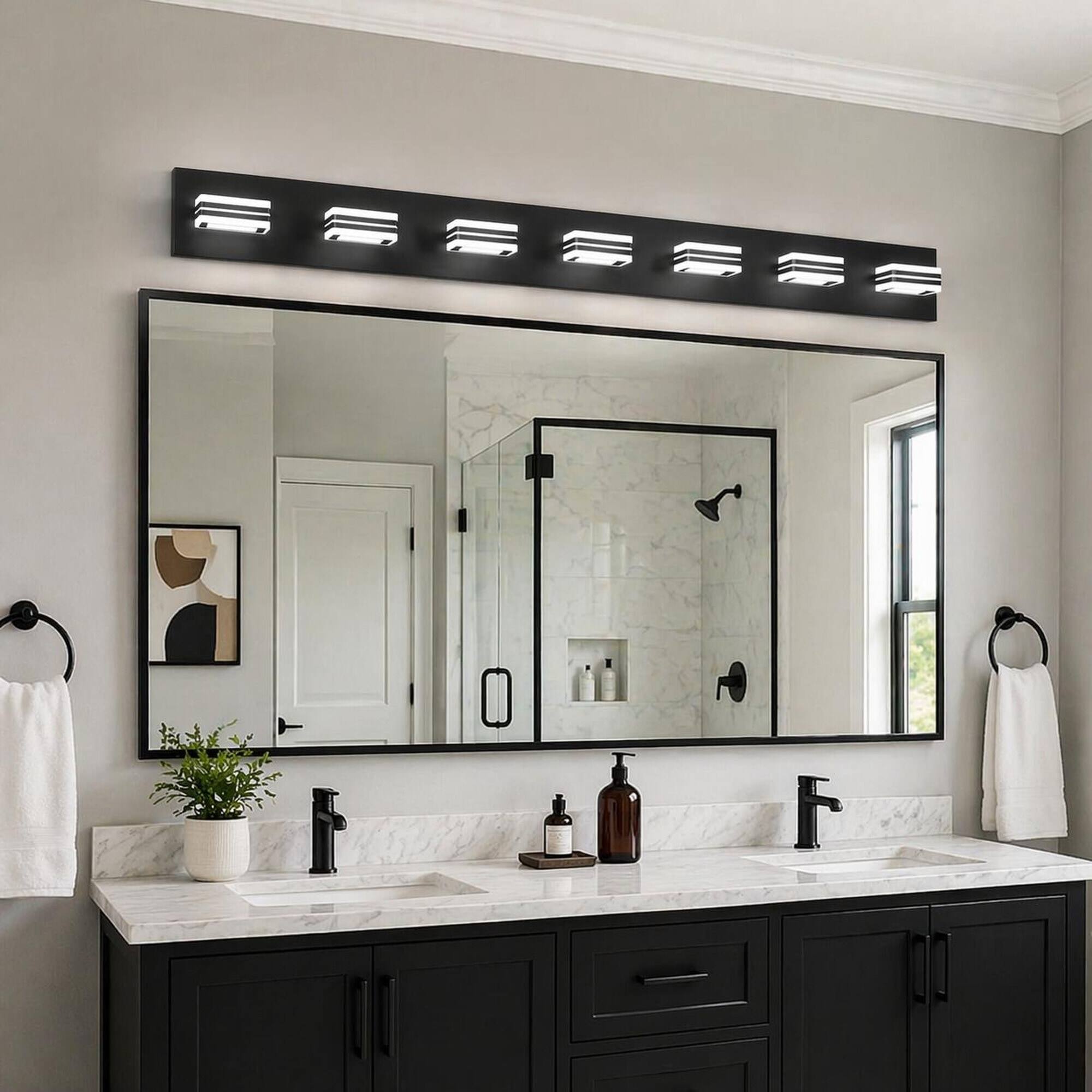 Left. RYHNUYNE - Black 7‑Light LED Vanity Light,Modern Bathroom Wall Light Fixture Over Mirror Bath Vanity Lighting - Black.