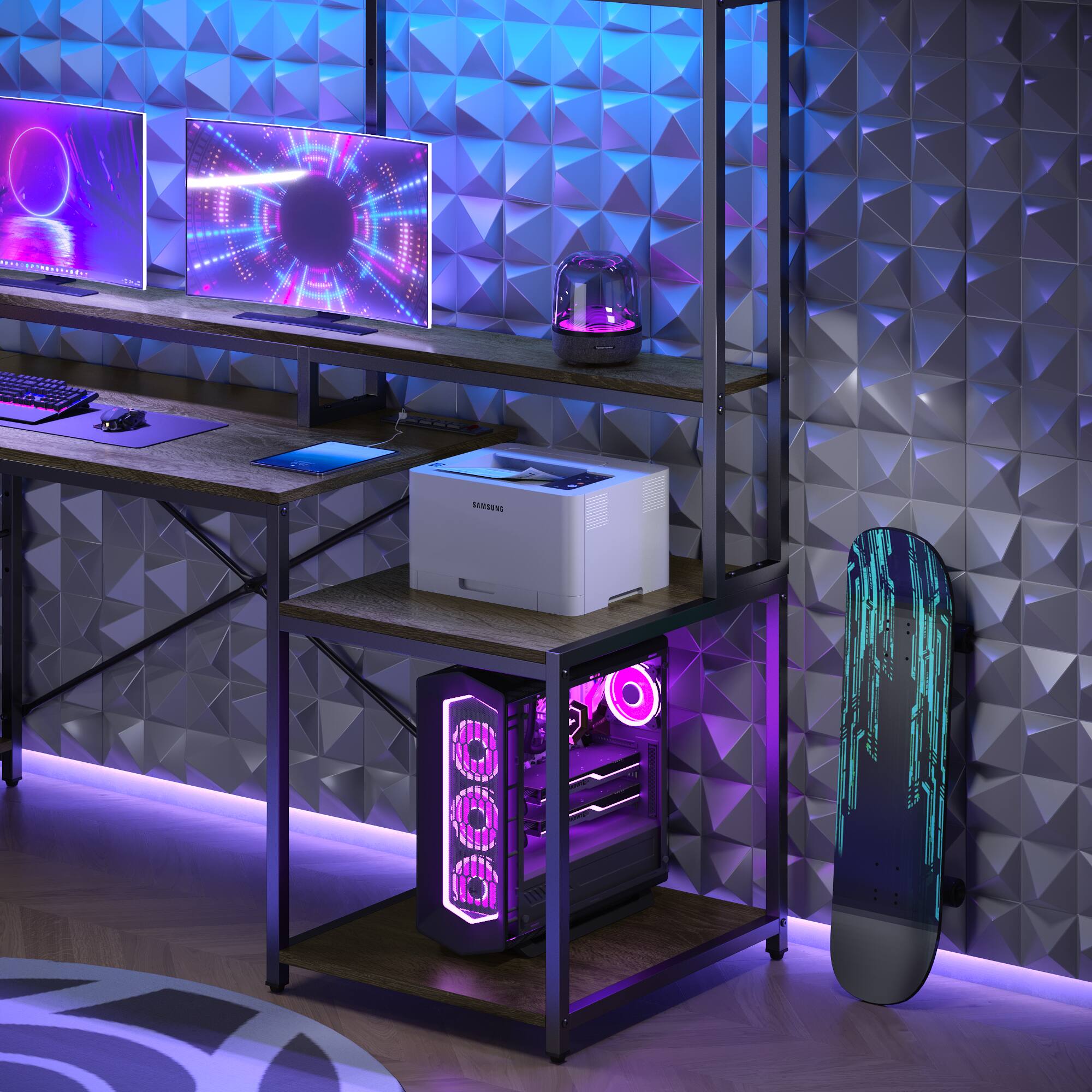 Back. Bestier - 71.5" LED Gaming Desk with Hutch featuring a Computer Desk with Power Outlet and Monitor Stand - Gray.