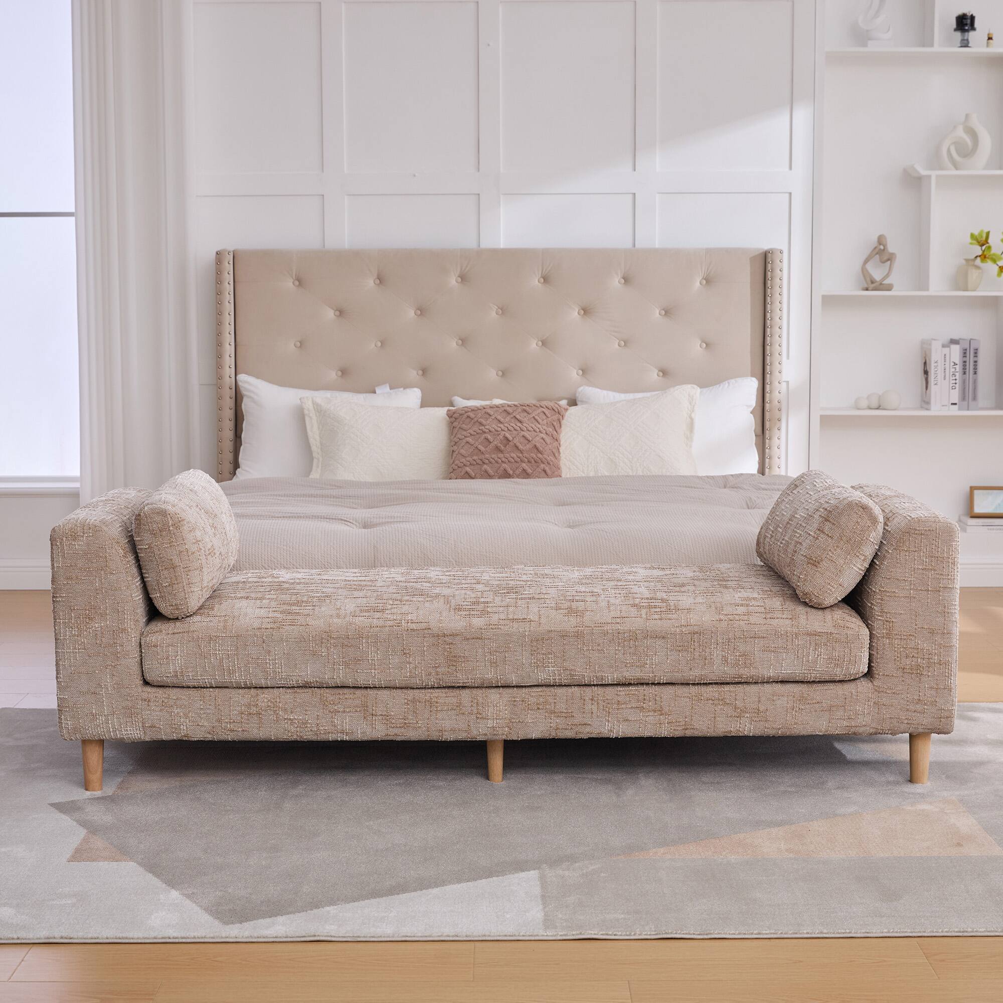 Boyel Living Upholstered Chaise Lounge Bench with Armrests and Bolster ...