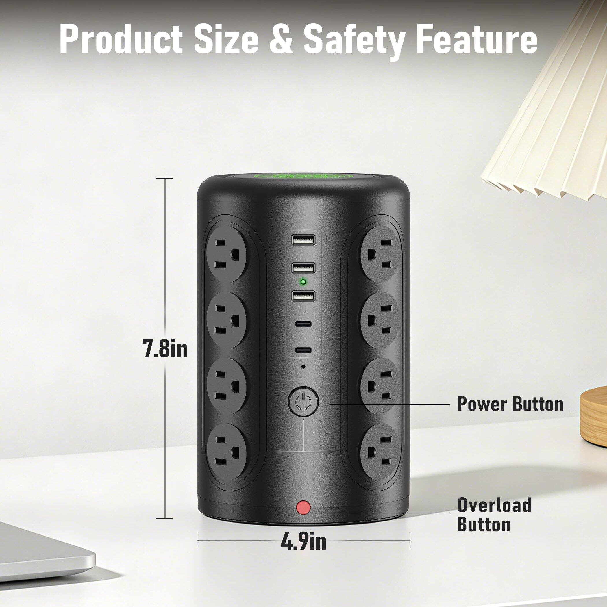 Product Size & Safety Feature

- 7.8in
- 4.9in

- Power Button
- Overload Button