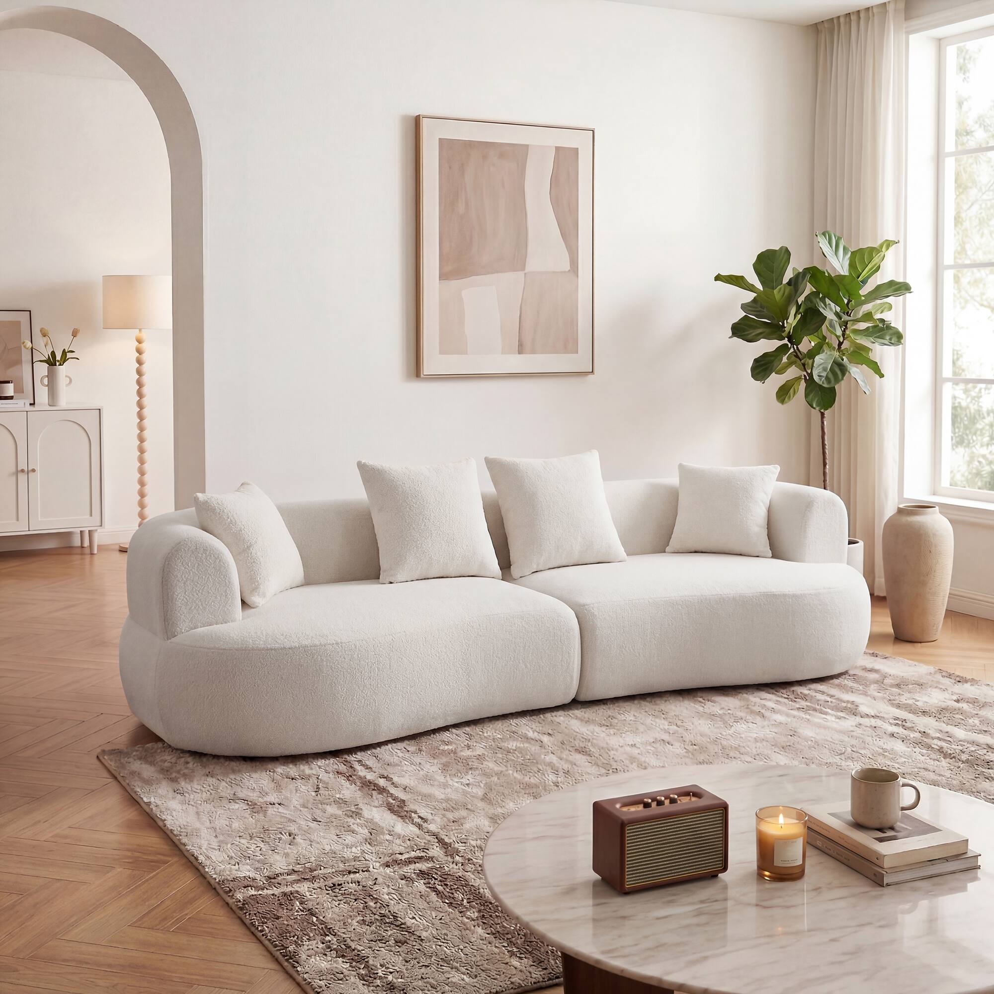 Angle. Anysun - Modern Curved Sofa Sectional – 122" Arc 4-Seater Boneless Foam Couch with Extra-Deep Wide Seats - White.