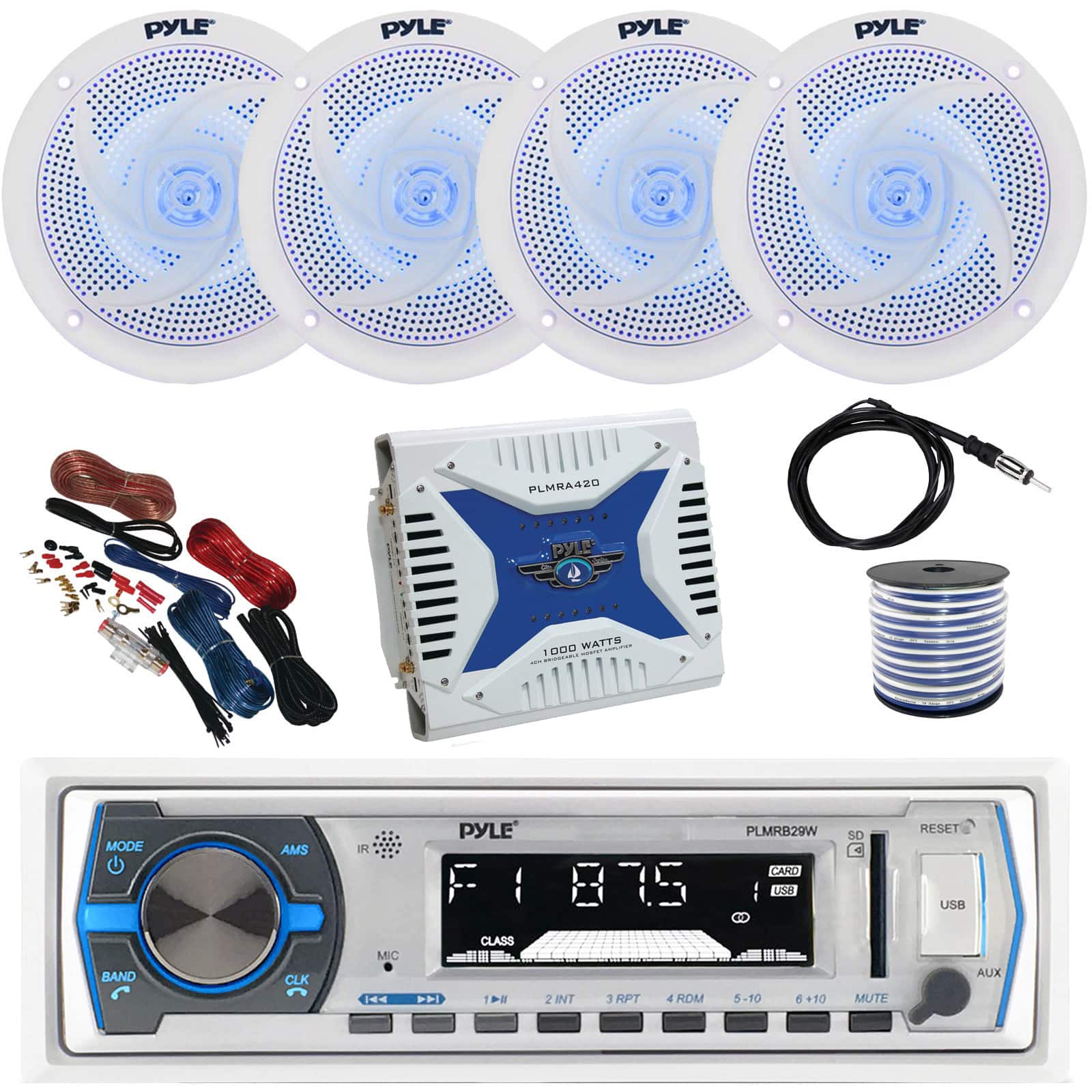 Pyle - PLMRB29W Marine AM/FM Receiver, 4x 6.5'' 240W Waterproof LED Speakers (White), Amplifier w/ Kit, Wire, Antenna