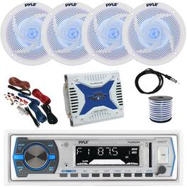 Pyle - PLMRB29W Marine AM/FM Receiver, 4x 6.5'' 240W Waterproof LED Speakers (White), Amplifier w/ Kit, Wire, Antenna